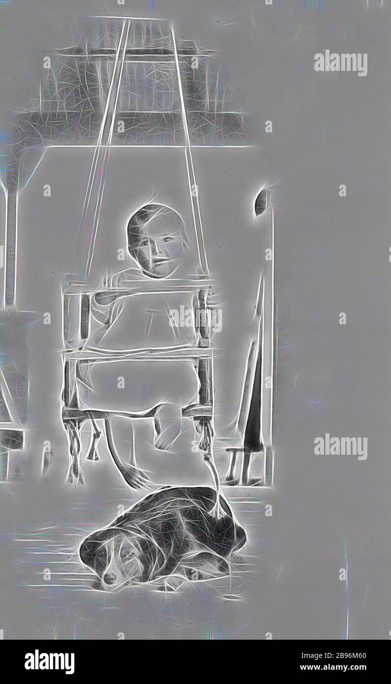 Negativo - Nhill District, Victoria, 1923, un piccolo bambino in un swing fatto in casa 'Heatherlea' fattoria. C'è un cane sotto l'altalena., Reimagined by Gibon, design di calore allegro di luminosità e raggi di luce radianza. Arte classica reinventata con un tocco moderno. La fotografia ispirata al futurismo, che abbraccia l'energia dinamica della tecnologia moderna, del movimento, della velocità e rivoluziona la cultura. Foto Stock