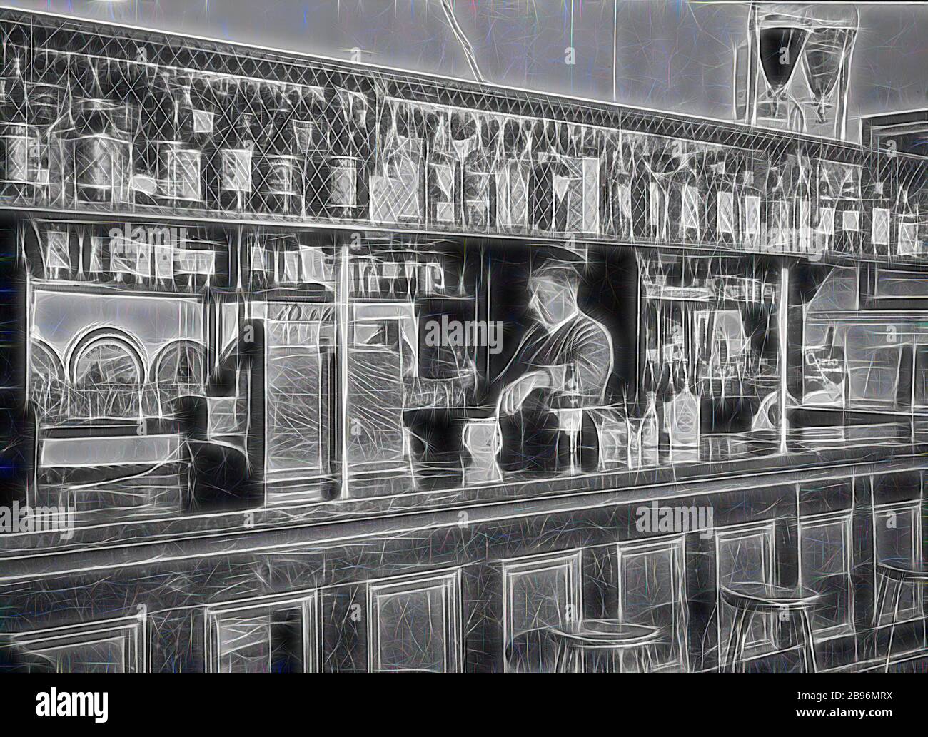 Negativo - Balranald, nuovo Galles del Sud, circa 1935, il proprietario dell'hotel dietro il bar nella lounge del viaggiatore nel Merritt's Park Hotel., Reimagined by Gibon, design di calore allegro di luminosità e raggi di luce radianza. Arte classica reinventata con un tocco moderno. La fotografia ispirata al futurismo, che abbraccia l'energia dinamica della tecnologia moderna, del movimento, della velocità e rivoluziona la cultura. Foto Stock