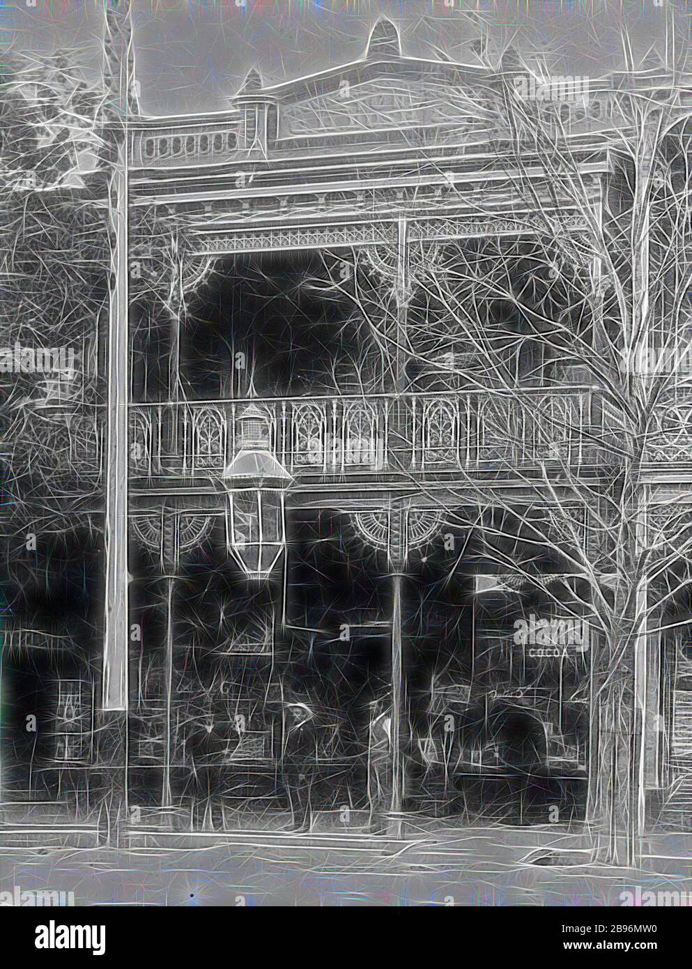 Negativo - Bendigo, Victoria, 1890, il negozio di denaro pronto provinciale di G. H. Bush. C'è una grande lanterna di fronte al negozio e un palo del telegrafo sulla sinistra. Il personale si trova di fronte al negozio., Reimagined by Gibon, design di calore allegro di luminosità e raggi di luce radianza. Arte classica reinventata con un tocco moderno. La fotografia ispirata al futurismo, che abbraccia l'energia dinamica della tecnologia moderna, del movimento, della velocità e rivoluziona la cultura. Foto Stock