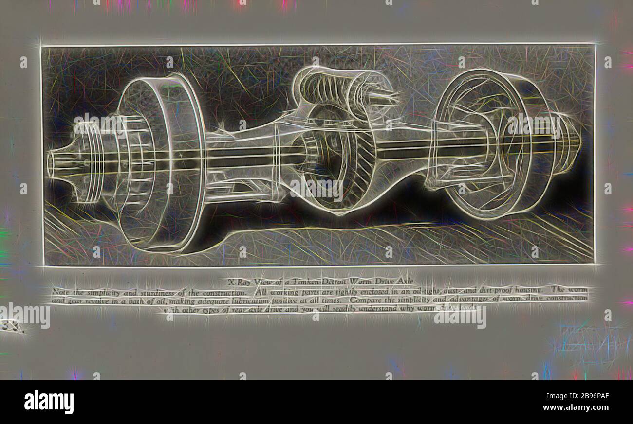 Fotografia - Brockway Motors Ltd, Timken Worm Drive, Sydney, nuovo Galles del Sud, circa 1920, immagine da un album fotografico contenente ventuno fotografie di camion a motore. L'album è stato utilizzato da Brockway Motors Ltd., Reimagined di Gibon, design di calore allegro di luminosità e raggi di luce radianza. Arte classica reinventata con un tocco moderno. La fotografia ispirata al futurismo, che abbraccia l'energia dinamica della tecnologia moderna, del movimento, della velocità e rivoluziona la cultura. Foto Stock