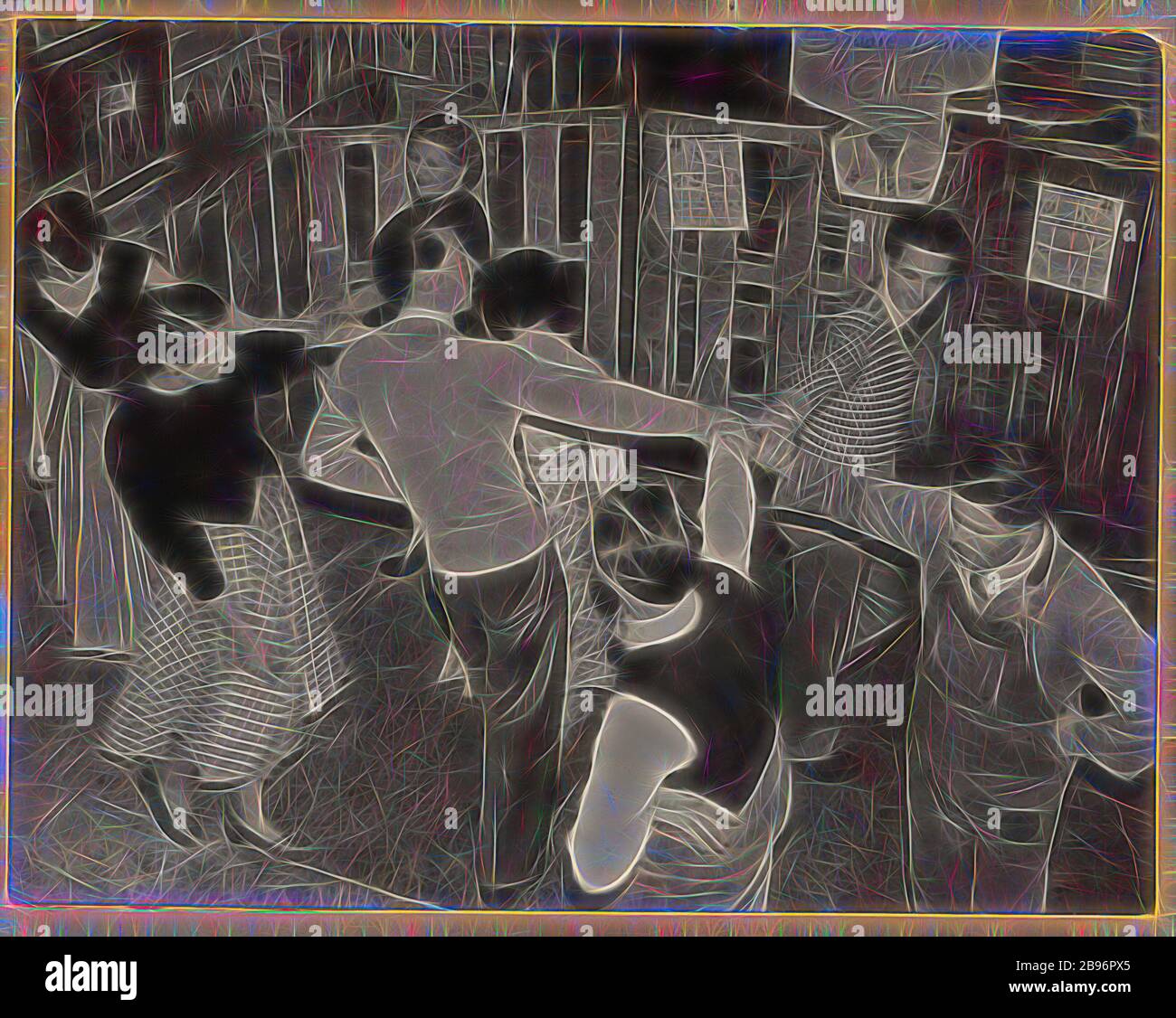 Fotografia - Double K Square Dance Club, Kodak Australasia Pty Ltd, Burnley, circa 1950, gelatina d'argento bianco e nero fotografia di uomini e donne che ballano in un deposito di fabbrica, con un cartello fatto a mano che indica 'Square Dance Club' attaccato ad un pallet dietro i ballerini. Questo è stato il Double K Square Dance Club, un evento sociale organizzato dallo staff Kodak Australasia Pty Ltd presso la fabbrica Burnley, Richmond. Questa fotografia completa la collezione Kodak Heritage di prodotti, promozionali, reinventati da Gibon, design di calda allegra luce di luminosità e raggi di luce radianza. Reinven arte classica Foto Stock