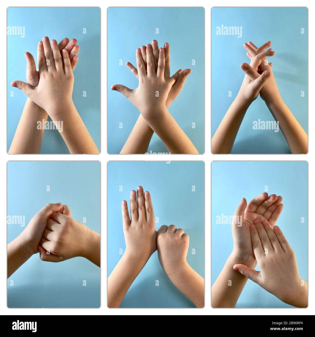Un collage che presenta, con finestre verticali, sei modi obbligatori di disinfettare le mani. Foto Stock