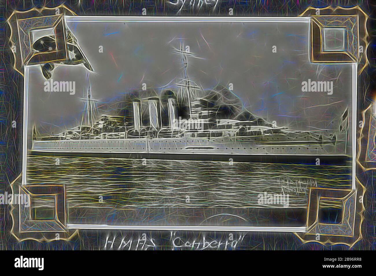 Fotografia - 'HMAS Canberra Flagship' 1937-1939, fotografia in bianco e nero della nave navale, H.M.A.S Canberra nel porto di Melbourne. Una delle 48 fotografie di un album fotografico. Preso da D.R.Goodwin, Royal Australian Navy (R.A. n.) 1937-1939. Le immagini sono di H.M.A.S Cerberus e di altre navi navali, addestramento navale e personale di armi da campo., Reimagined da Gibon, disegno di calore allegro di luminosità e raggi di luce radianza. Arte classica reinventata con un tocco moderno. La fotografia ispirata al futurismo, che abbraccia l'energia dinamica della tecnologia moderna, del movimento, della velocità e rivoluziona la cultura. Foto Stock
