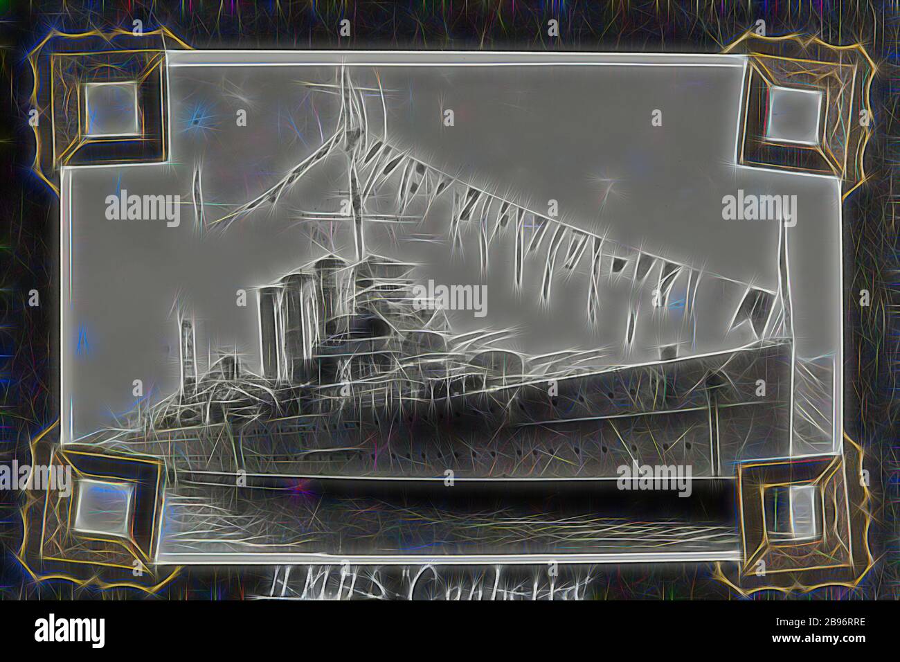 Fotografia - 'HMAS Canberra', 1937-1939, fotografia in bianco e nero di H.M.A.S Canberra. Una delle 48 fotografie di un album fotografico. Preso da D.R.Goodwin, Royal Australian Navy (R.A. n.) 1937-1939. Le immagini sono di H.M.A.S Cerberus e di altre navi navali, addestramento navale e personale di armi da campo., Reimagined da Gibon, disegno di calore allegro di luminosità e raggi di luce radianza. Arte classica reinventata con un tocco moderno. La fotografia ispirata al futurismo, che abbraccia l'energia dinamica della tecnologia moderna, del movimento, della velocità e rivoluziona la cultura. Foto Stock