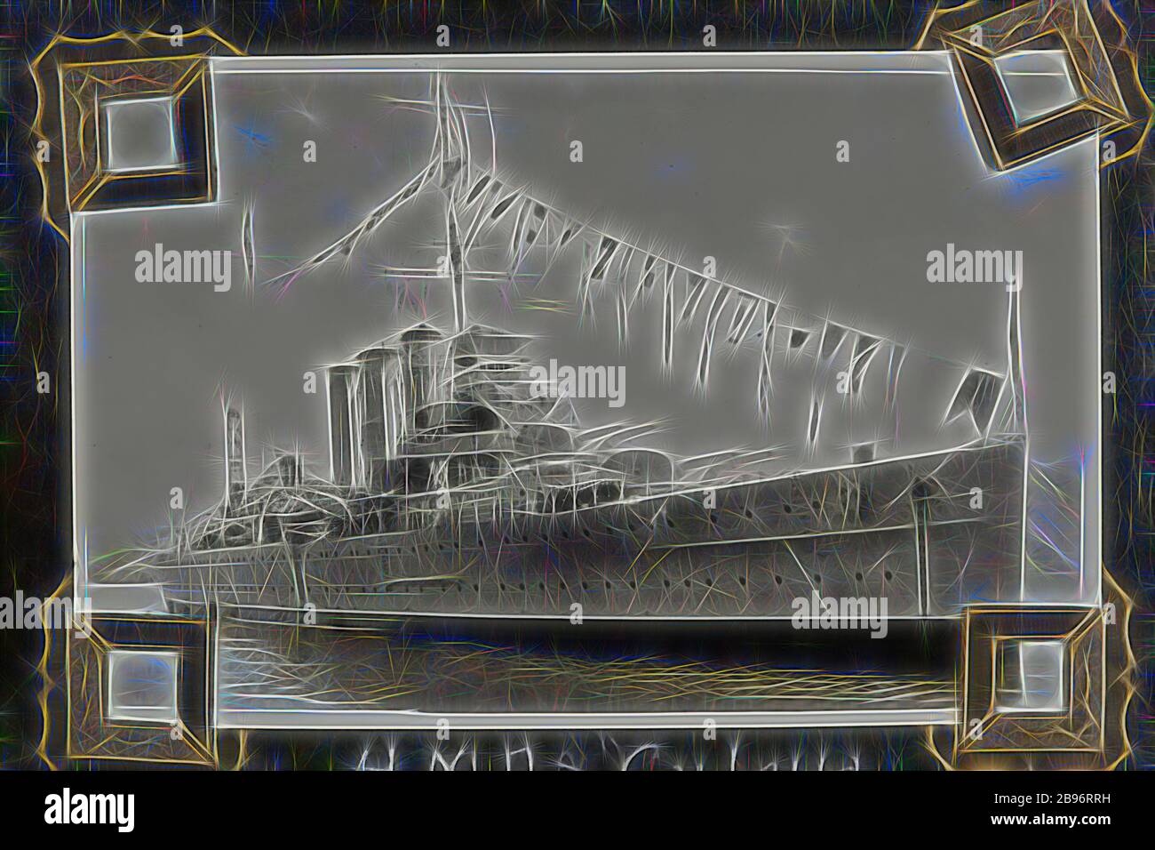 Fotografia - 'HMAS Canberra', 1937-1939, fotografia in bianco e nero di HMAS Canberra. Una delle 48 fotografie di un album fotografico. Preso da D.R.Goodwin, Royal Australian Navy (R.A. n.) 1937-1939. Le immagini sono di H.M.A.S Cerberus e di altre navi navali, addestramento navale e personale di armi da campo., Reimagined da Gibon, disegno di calore allegro di luminosità e raggi di luce radianza. Arte classica reinventata con un tocco moderno. La fotografia ispirata al futurismo, che abbraccia l'energia dinamica della tecnologia moderna, del movimento, della velocità e rivoluziona la cultura. Foto Stock