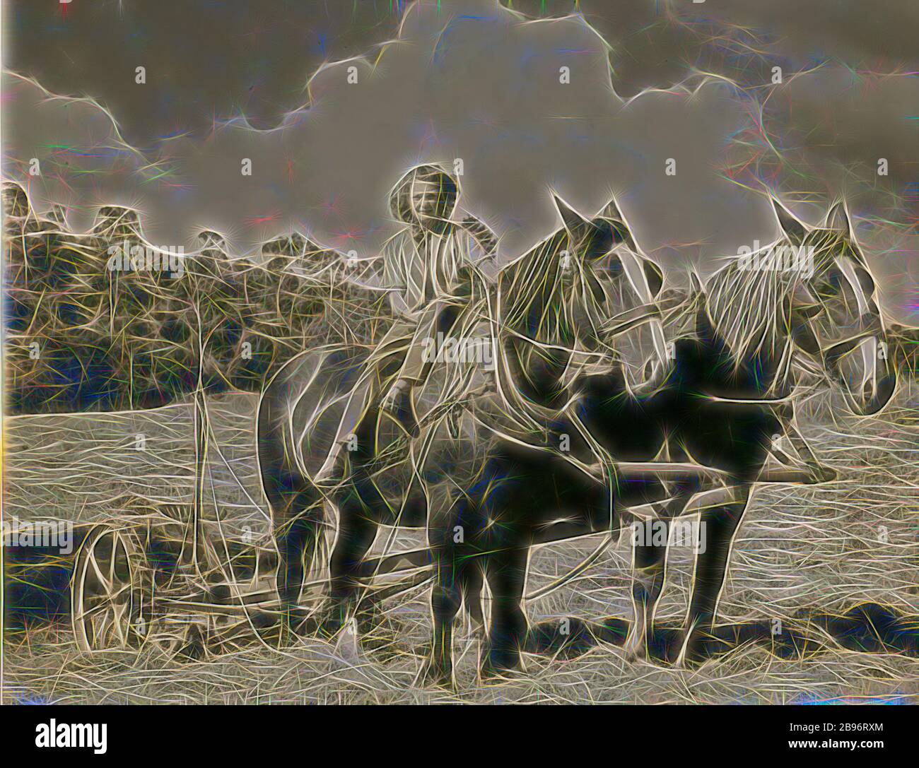 Fotografia - S.V. McKay Massey Harris, Hay Mower, circa 1944, fotografia di un rasaerba a due cavalli con una donna che si posa su uno dei cavalli. Potrebbe essere stata utilizzata per promuovere l'Esercito di Terra delle Donne durante la seconda guerra mondiale. Una collezione di fotografie, film in movimento, manufatti, documenti e letteratura commerciale relativi a Massey Ferguson (Austen.) Ltd. Le operazioni australiane di questa società sono state originariamente fondate come Hugh V. McKay nel 1890., Reimagined da Gibon, disegno di caldo allegro incandescente di luminosità e raggi di luce radianza. Arte classica reinventata con un tocco moderno. Fotografia ispirata a. Foto Stock