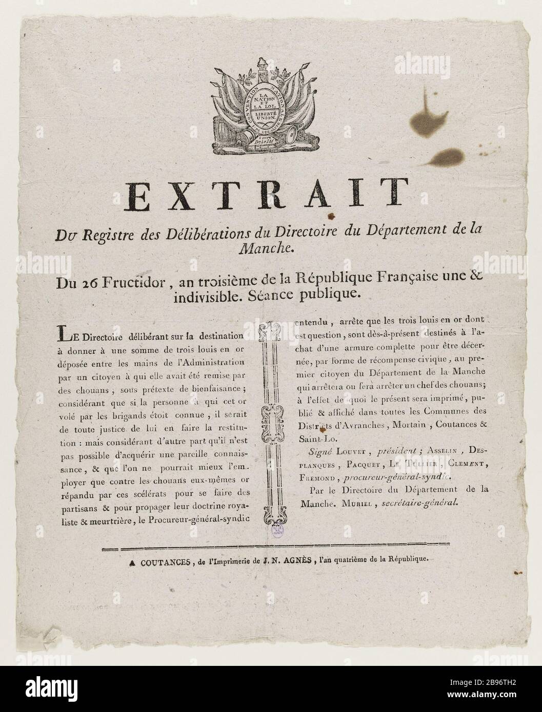 ESTRATTO DAL REGISTRO DELLE DELIBERAZIONI DEL COMITATO ESECUTIVO DEL DIPARTIMENTO DI LA MANCHA ANONYME. « Extrait du Registre des Délibérations du Directoire du Département de la Manche ». Gravure sur bois/Typographie. 1795. Parigi, musée Carnavalet. Foto Stock