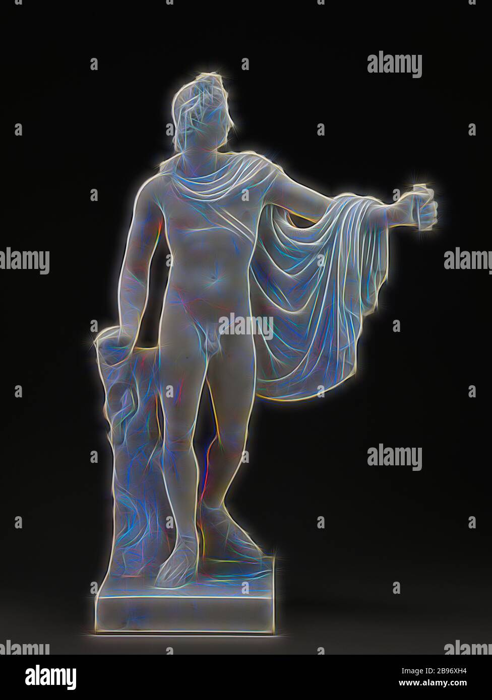 Apollo (dopo l'antico), laboratorio di Joseph Wilton (inglese, 1722 - 1803), Inghilterra, 1762, marmo, 75,6 cm (29 3/4 in.), Reimagined by Gibon, disegno di calore allegro di luminosità e raggi di luce radianza. Arte classica reinventata con un tocco moderno. La fotografia ispirata al futurismo, che abbraccia l'energia dinamica della tecnologia moderna, del movimento, della velocità e rivoluziona la cultura. Foto Stock