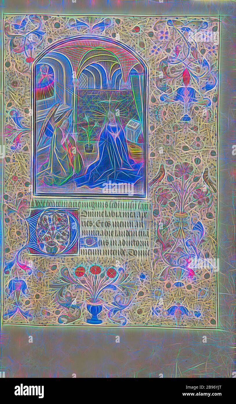 The Annunciation, Willem Vrelant (fiammingo, morto nel 1481, attivo nel 1454 - 1481), Bruges, Belgio, primi 1460s, colori Tempera, foglia d'oro, e inchiostro su pergamena, foglia: 25,6 x 17,3 cm (10 1/16 x 6 13/16 in.), Reimagined by Gibon, disegno di calore allegro di luminosità e raggi di luce. Arte classica reinventata con un tocco moderno. La fotografia ispirata al futurismo, che abbraccia l'energia dinamica della tecnologia moderna, del movimento, della velocità e rivoluziona la cultura. Foto Stock