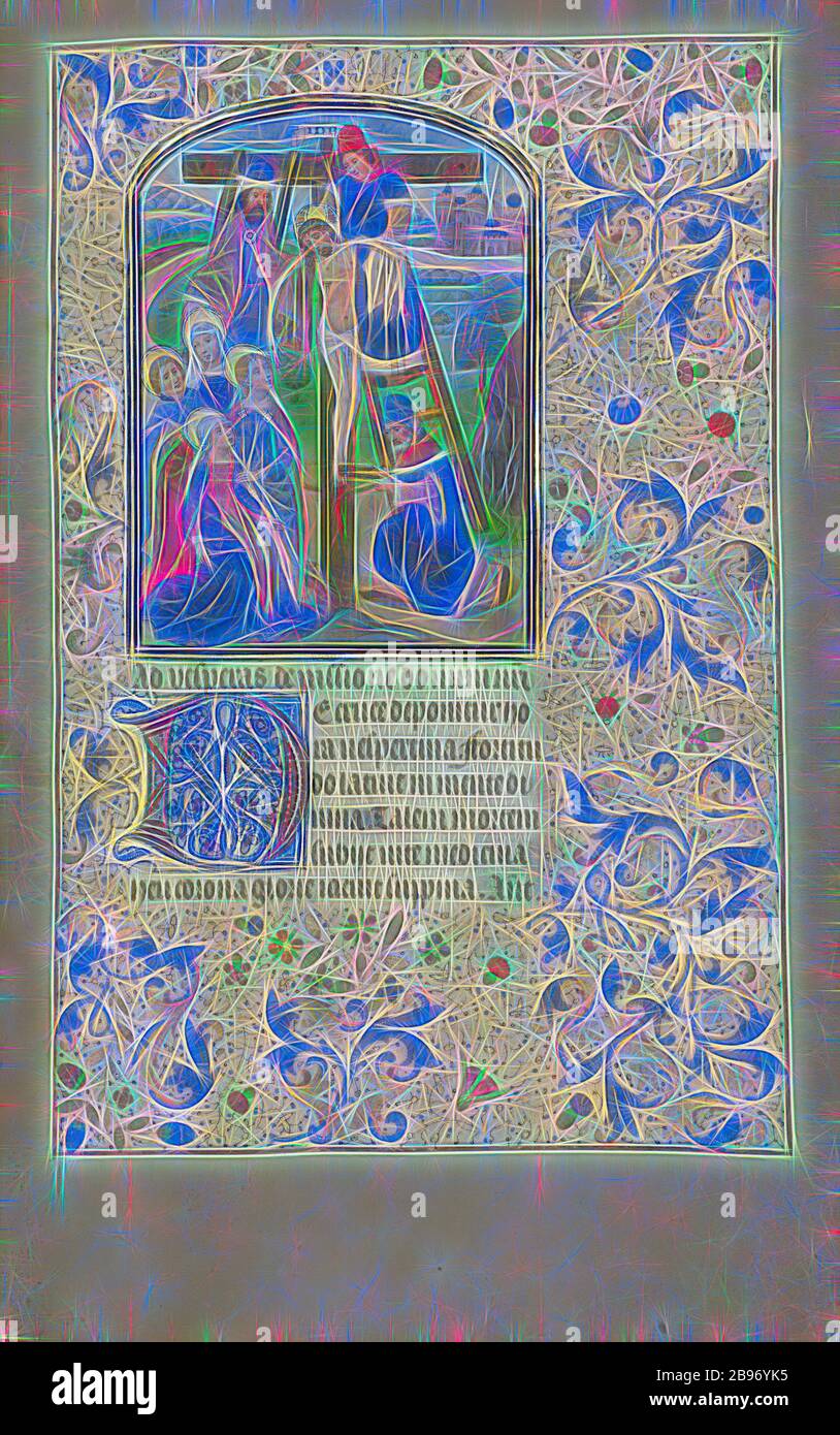 La deposizione, Willem Vrelant (fiammingo, morto 1481, attivo 1454 - 1481), Bruges, Belgio, primi 1460s, colori Tempera, foglia d'oro, e inchiostro su pergamena, foglia: 25,6 x 17,3 cm (10 1/16 x 6 13/16 in.), Reimagined by Gibon, disegno di caldo allegro bagliore di luminosità e raggi di luce. Arte classica reinventata con un tocco moderno. La fotografia ispirata al futurismo, che abbraccia l'energia dinamica della tecnologia moderna, del movimento, della velocità e rivoluziona la cultura. Foto Stock