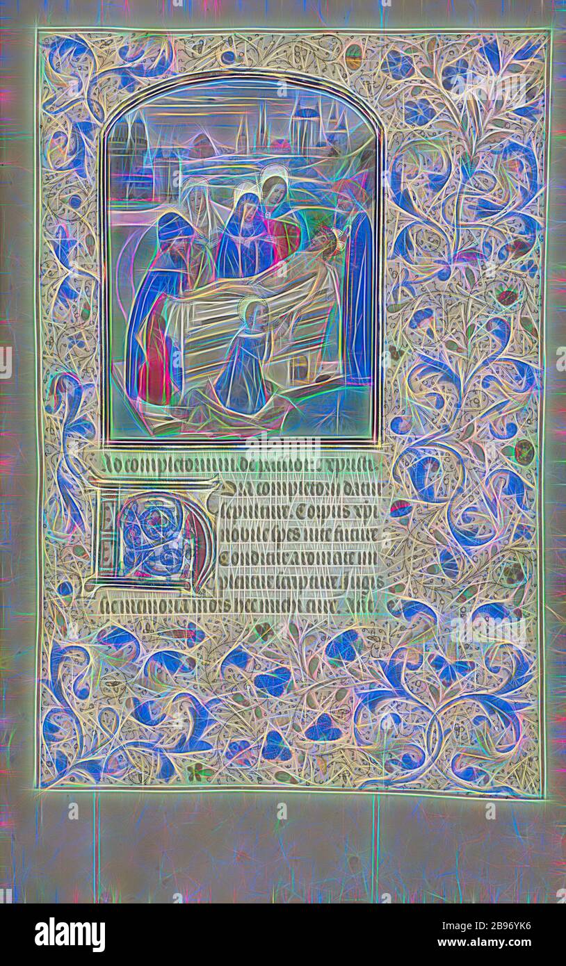 The Entombment, Willem Vrelant (fiammingo, morto nel 1481, attivo nel 1454 - 1481), Bruges, Belgio, primi 1460s, colori Tempera, foglia d'oro, e inchiostro su pergamena, foglia: 25,6 x 17,3 cm (10 1/16 x 6 13/16 in.), Reimagined by Gibon, design di calore allegro di luminosità e raggi di luce radianza. Arte classica reinventata con un tocco moderno. La fotografia ispirata al futurismo, che abbraccia l'energia dinamica della tecnologia moderna, del movimento, della velocità e rivoluziona la cultura. Foto Stock