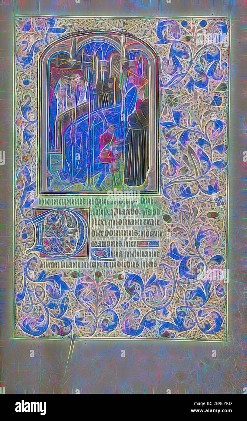 Messa per i morti, Willem Vrelant (fiammingo, morto nel 1481, attivo nel 1454 - 1481), Bruges, Belgio, primi 1460s, colori Tempera, foglia d'oro, e inchiostro su pergamena, foglia: 25,6 x 17,3 cm (10 1/16 x 6 13/16 in.), Reimagined by Gibon, disegno di calore allegro di luminosità e raggi di luce radianza. Arte classica reinventata con un tocco moderno. La fotografia ispirata al futurismo, che abbraccia l'energia dinamica della tecnologia moderna, del movimento, della velocità e rivoluziona la cultura. Foto Stock