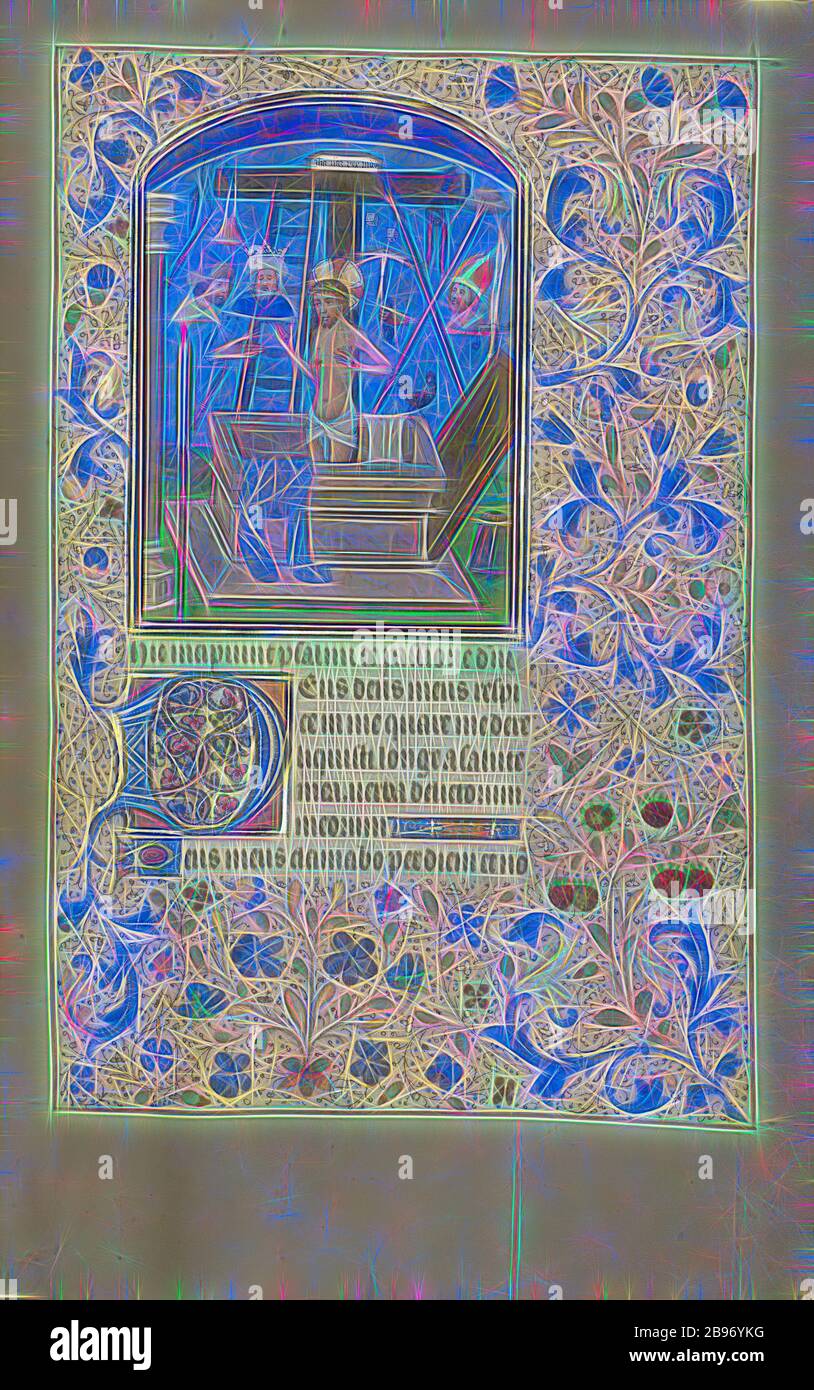 The Man of Sorrows, Willem Vrelant (fiammingo, morto nel 1481, attivo nel 1454 - 1481), Bruges, Belgio, primi 1460s, colori Tempera, foglia d'oro, e inchiostro su pergamena, foglia: 25,6 x 17,3 cm (10 1/16 x 6 13/16 in.), Reimagined by Gibon, design di calore allegro di luminosità e raggi di luce radianza. Arte classica reinventata con un tocco moderno. La fotografia ispirata al futurismo, che abbraccia l'energia dinamica della tecnologia moderna, del movimento, della velocità e rivoluziona la cultura. Foto Stock