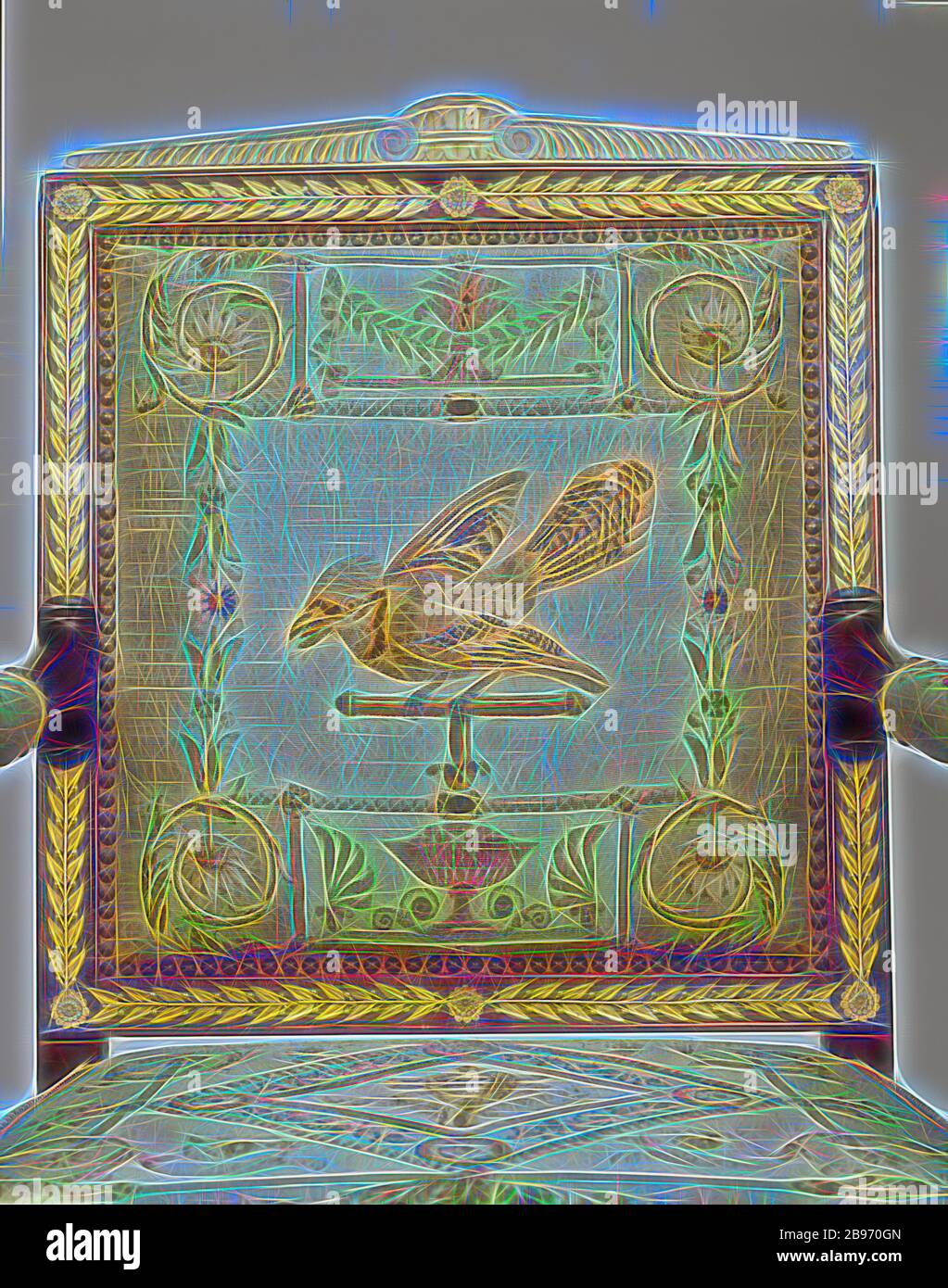 Una poltrona, Cornici attribuite a François-Honoré-Georges Jacob-Desmalter (francese, 1770 - 1841), tappezzeria per arazzi del Manufactory di Beauvais (francese, fondato nel 1664), Beauvais, Francia, circa 1810, mogano e faggio, supporti in bronzo dorato, lana e seta, 100,6 × 63,5 × 50,8 cm (39 5/8 × 25 × 20 in), immaginata da Gibon design di calore allegro di luminosità e raggi di luce radianza. Arte classica reinventata con un tocco moderno. La fotografia ispirata al futurismo, che abbraccia l'energia dinamica della tecnologia moderna, del movimento, della velocità e rivoluziona la cultura. Foto Stock