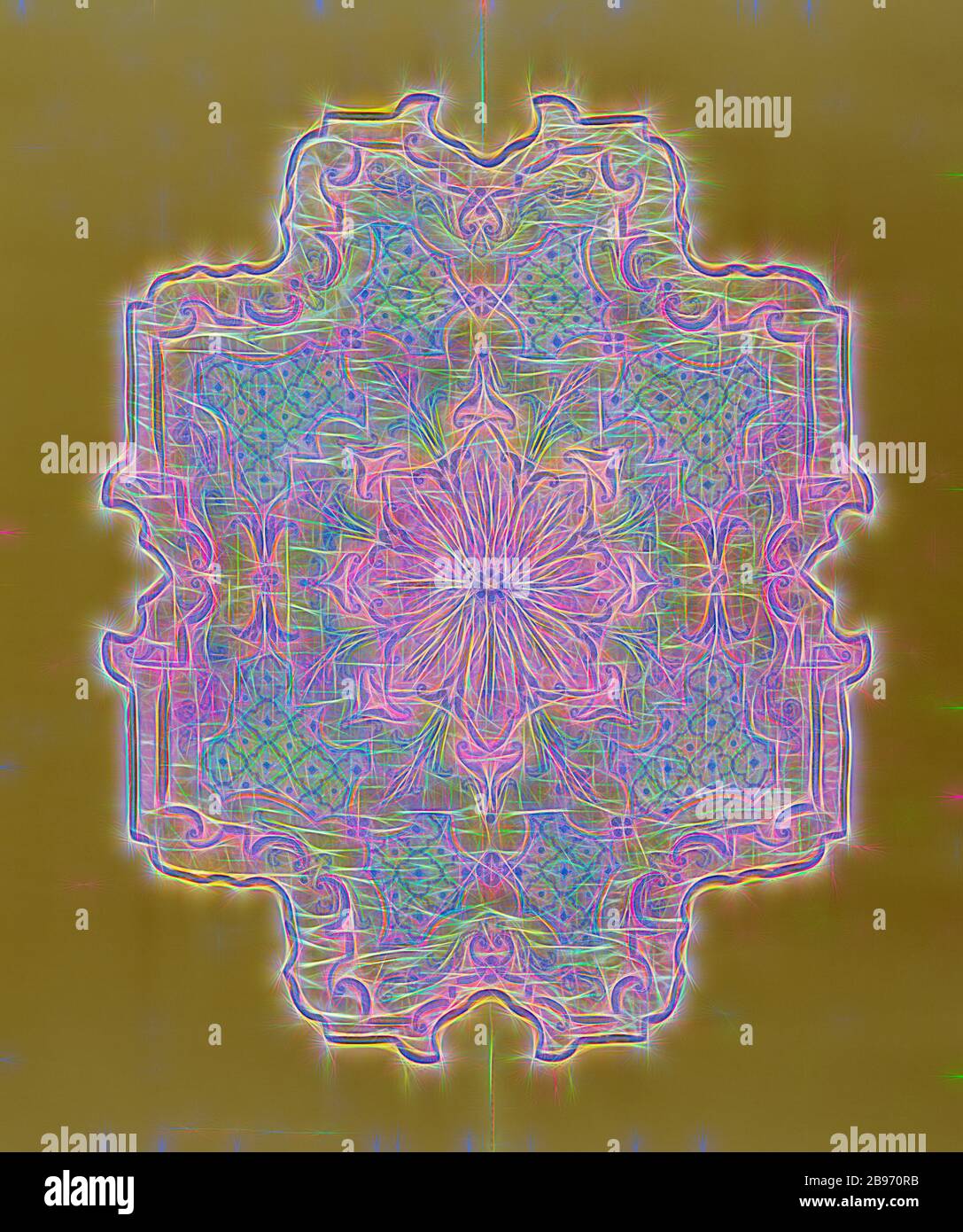 Tester, Sconosciuto, circa 1690 - 1715, satin di seta, cording, velour, ricamo di seta, pannelli damaschi con rivestimenti di lino, 415.9 x 181.6 x 182.9 cm (163 3/4 x 71 1/2 x 72 in.), Reimagined by Gibon, disegno di calore allegro di luminosità e raggi di luce radianza. Arte classica reinventata con un tocco moderno. La fotografia ispirata al futurismo, che abbraccia l'energia dinamica della tecnologia moderna, del movimento, della velocità e rivoluziona la cultura. Foto Stock