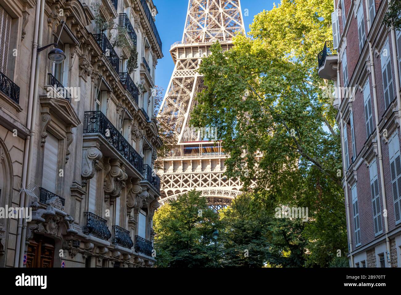 Vista a livello della strada di Parigi con la Torre Eiffel, Parigi, Ile-de-France, Francia Foto Stock