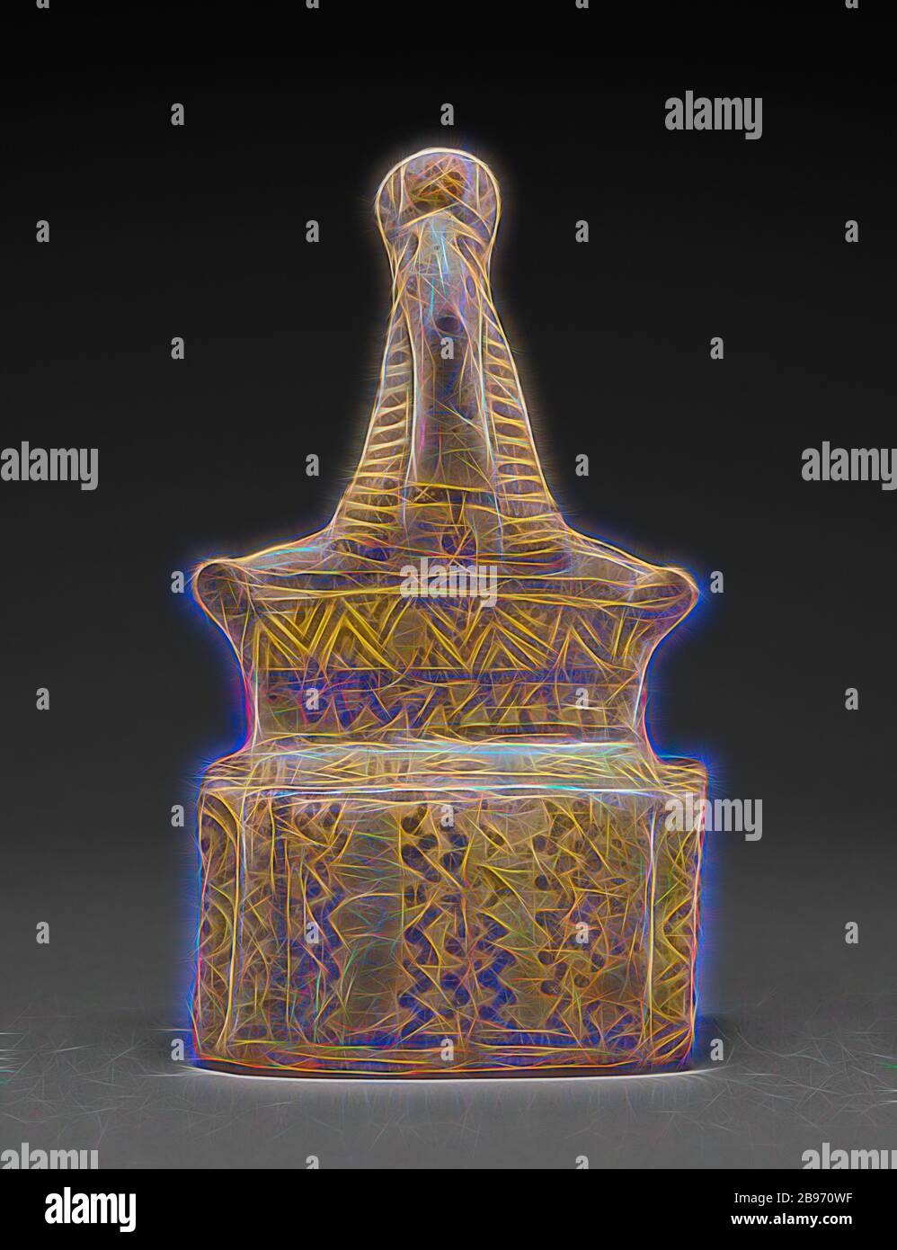 Statuette di una dea della fertilità, Sconosciuto, Boeotia, Grecia, 600 - 575 a.C., Terracotta, 17 cm, Reimagined by Gibon, disegno di calore allegro di luminosità e raggi di luce radianza. Arte classica reinventata con un tocco moderno. La fotografia ispirata al futurismo, che abbraccia l'energia dinamica della tecnologia moderna, del movimento, della velocità e rivoluziona la cultura. Foto Stock