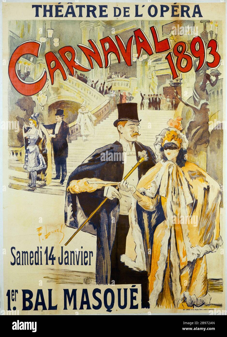 TEATRO DELL'OPERA, CARNEVALE 1893 Sabato, 14 gennaio, 1 ° PALLA MASCHERATA Ferdinand Lunel (né en 1857). Imprimerie Chaix. Théâtre de l'Opéra, Carnaval 1893, Samedi 14 Janvier, 1er Bal Masqué. Affiche. Lithographie couleur, 1893. Parigi, musée Carnavalet. Foto Stock