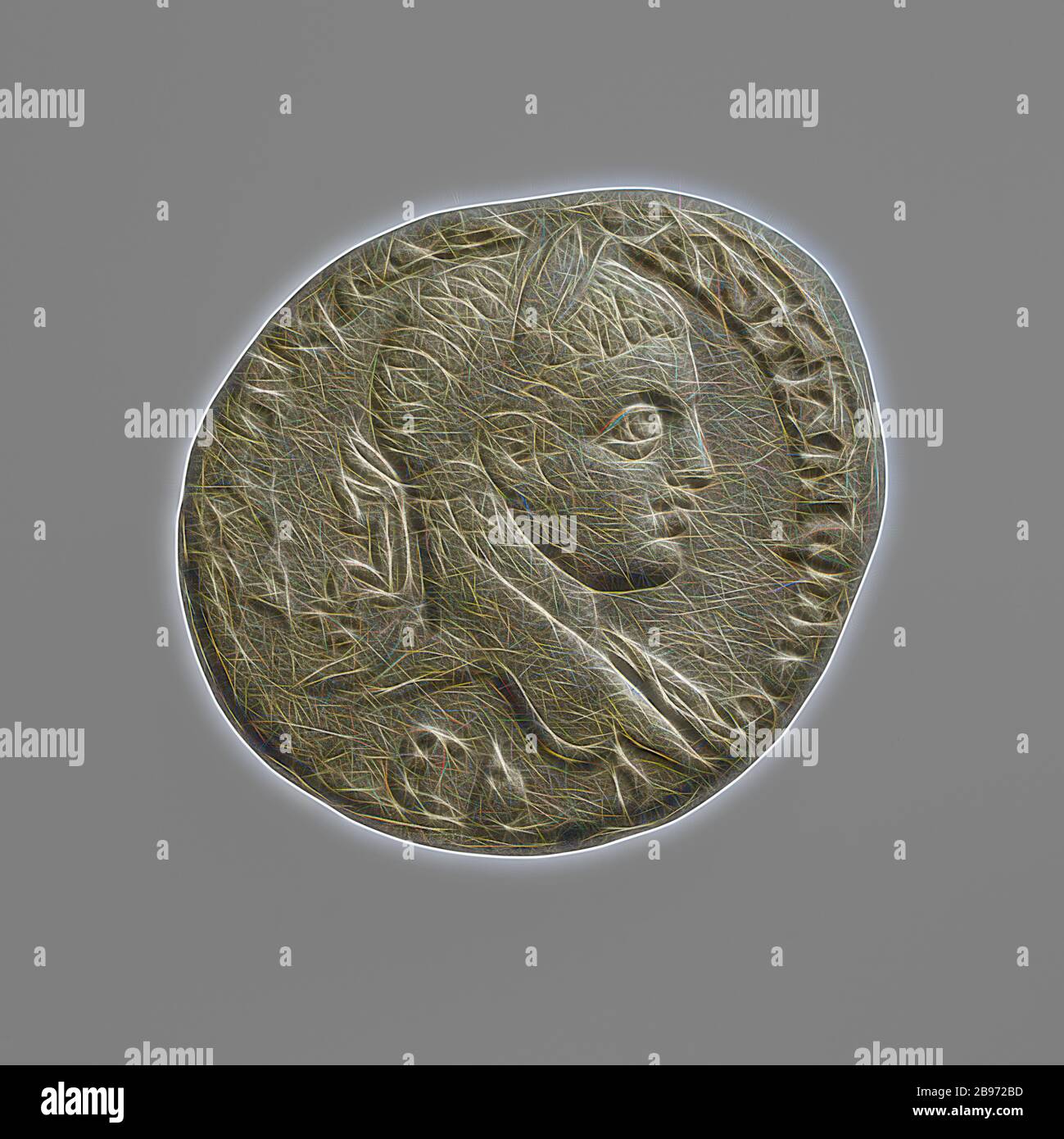 Tetradrachm di Macrinus, Unknown, Berytus, Siria, 1st - 3rd secolo, Billon, Reimagined di Gibon, design di calore allegro di luminosità e raggi di luce radianza. Arte classica reinventata con un tocco moderno. La fotografia ispirata al futurismo, che abbraccia l'energia dinamica della tecnologia moderna, del movimento, della velocità e rivoluziona la cultura. Foto Stock