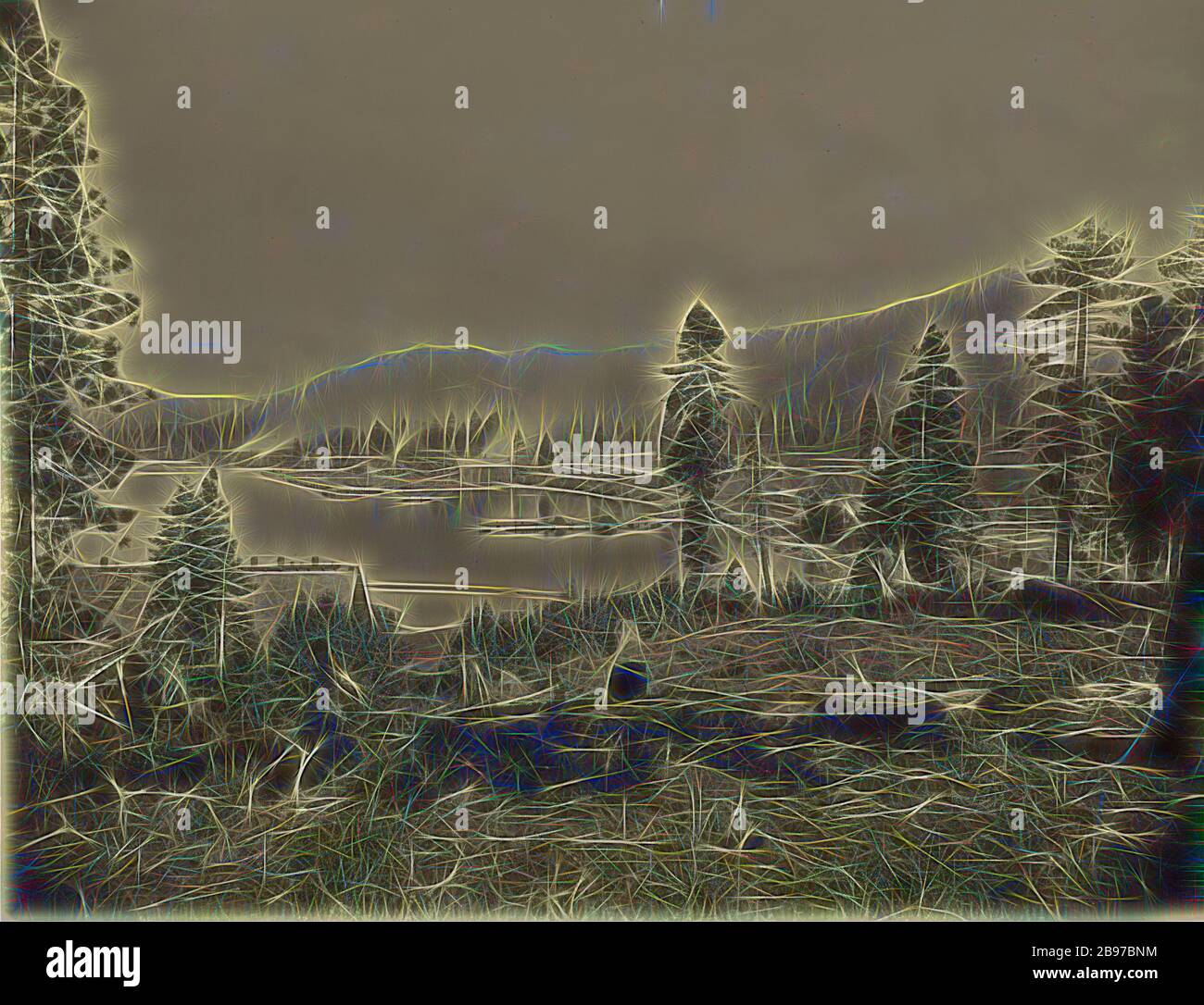 Vista di Gleenbrook sic Bay, Lago Tahoe, mostrando Saw Mills, Breakwater e Steamers di Carson e Tahoe Lumber e Flume Co., anche Lago Terminus di Lake Tahoe, N.G.R.R.R., Carleton Watkins (americano, 1829 - 1916), Lago Tahoe, Nevada, Stati Uniti, 1868 - 1873, albumen argento stampa, 40,2 x 52,4 cm (15 13/16 x 20 5/8 in.), Reimagined by Gibon, disegno di calore allegro di luminosità e raggi di luce radianza. Arte classica reinventata con un tocco moderno. La fotografia ispirata al futurismo, che abbraccia l'energia dinamica della tecnologia moderna, del movimento, della velocità e rivoluziona la cultura. Foto Stock