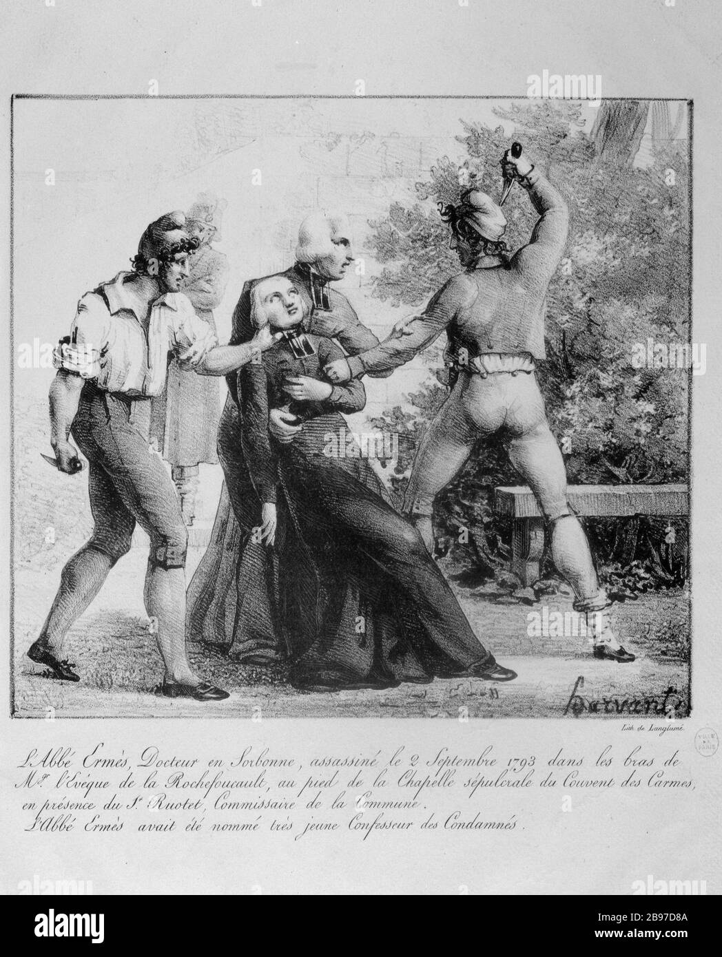 CONDANNA ED ESECUZIONE DI DOTTORE DI SORBONA, PADRE ERMES ALLA PRESENZA DEL VESCOVO E DEL SIGNORE ROCHEFOUCAULT RUOTET, CONVENTO CARMES, ATTUALE 76 VAUGIRARD STREET, 6 ° DISTRETTO, IL 2 SETTEMBRE 1792 HARVANT OU BARVANT ( - ) ; LANGLUME ( - ). "L'Abbé Ermès Docteur de la sorbonne, assassiné le 2 Settembre 1793 dans les bras de l'Evêque de la Rochefoucault (...)". Condamnation et exécution du docteur de la Sorbona, l'abbé Ermès, en présence de l'évêque de la Rochefoucault et du seigneur Ruotet, couvent des Carmes, actuel 76 rue de Vaugirard, 6ème circondario, le 2 septembre 1792. Fare Foto Stock