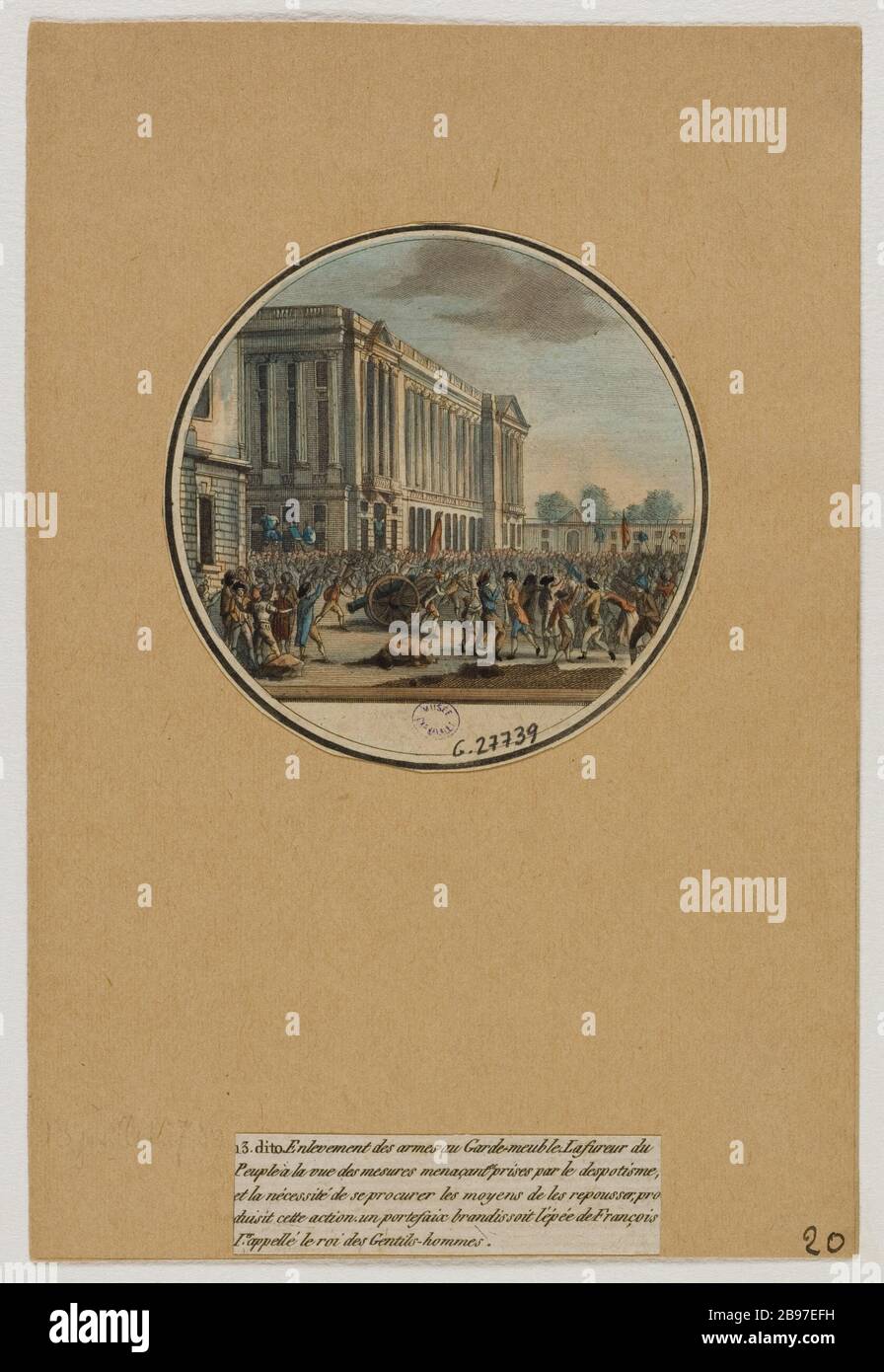 RIMOZIONE DI ARMI PER LA GUARDIA UNITÀ 'PLUNDER ARMI GABINETTO GUARDIA REALE DA PARTE DEL CITTADINO POPOLO. 20° TAVOLO, 2 BOARD DELLA GALLERIA O DICHIARAZIONI STORICHE DEGLI EVENTI DELLA RIVOLUZIONE FRANCESE (1795-1799) PHILIPPE JOSEPH MAILLART (1764-1856). "Enlèvement des armes au garde meuble". Pillage des armes du garde-meuble Royal par le peuple citoyen. 20ème tableau, planche 2 de la Galerie Historique ou tableaux des événements de la Révolution française (1795-1799)'. Eau-forte coloriée, 1789. Parigi, musée Carnavalet. Foto Stock