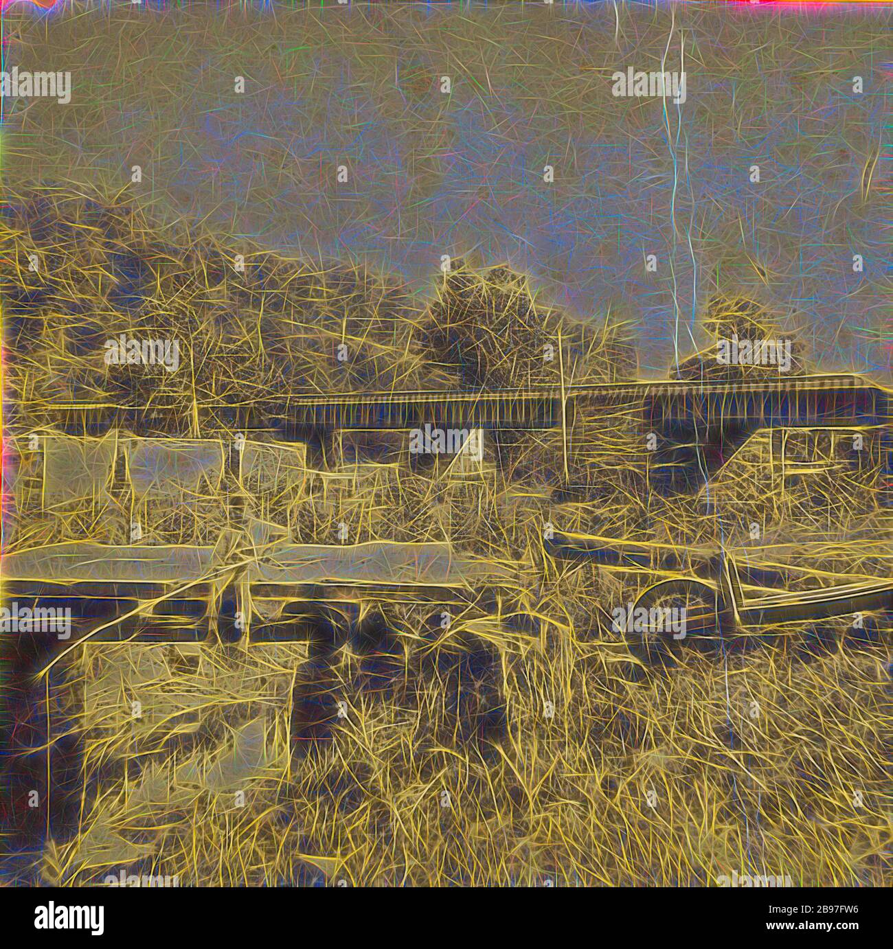 Il ponte di ferro e le rovine di Old Mill vicino Spence Creek, Huntington Co. Pennsylvania Central R.R., Edward e Henry T. Anthony & Co. (Americano, 1862 - 1902), circa 1862, stampa d'argento albumen, Reimagined da Gibon, design di calore allegro di luminosità e raggi di luce radianza. Arte classica reinventata con un tocco moderno. La fotografia ispirata al futurismo, che abbraccia l'energia dinamica della tecnologia moderna, del movimento, della velocità e rivoluziona la cultura. Foto Stock