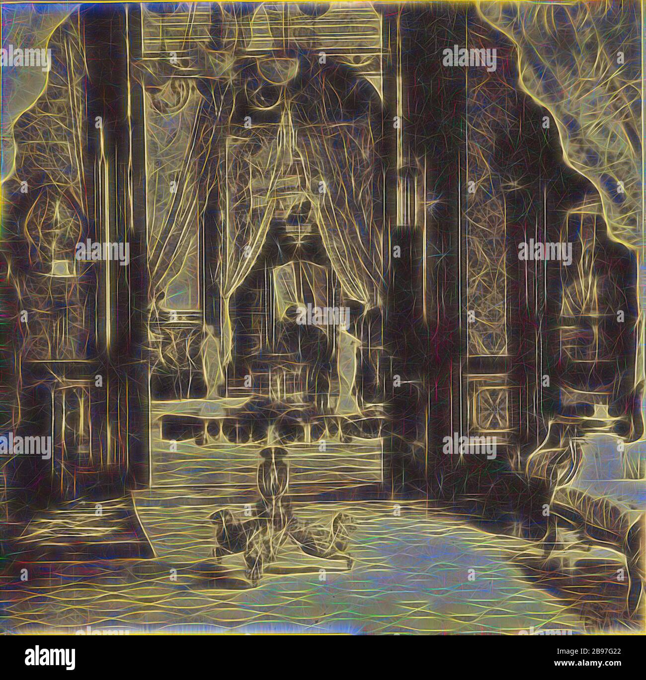 Vista interna. Palazzo del Conde de Santovenia. The Countess' Boudoir., George N. Barnard (American, 1819 - 1902), Edward e Henry T. Anthony & Co. (American, 1862 - 1902), negativo stampato da Kuhns, circa 1862, stampa in argento albumen, reinventato da Gibon, disegno di calore allegro di luminosità e raggi di luce radianza. Arte classica reinventata con un tocco moderno. La fotografia ispirata al futurismo, che abbraccia l'energia dinamica della tecnologia moderna, del movimento, della velocità e rivoluziona la cultura. Foto Stock