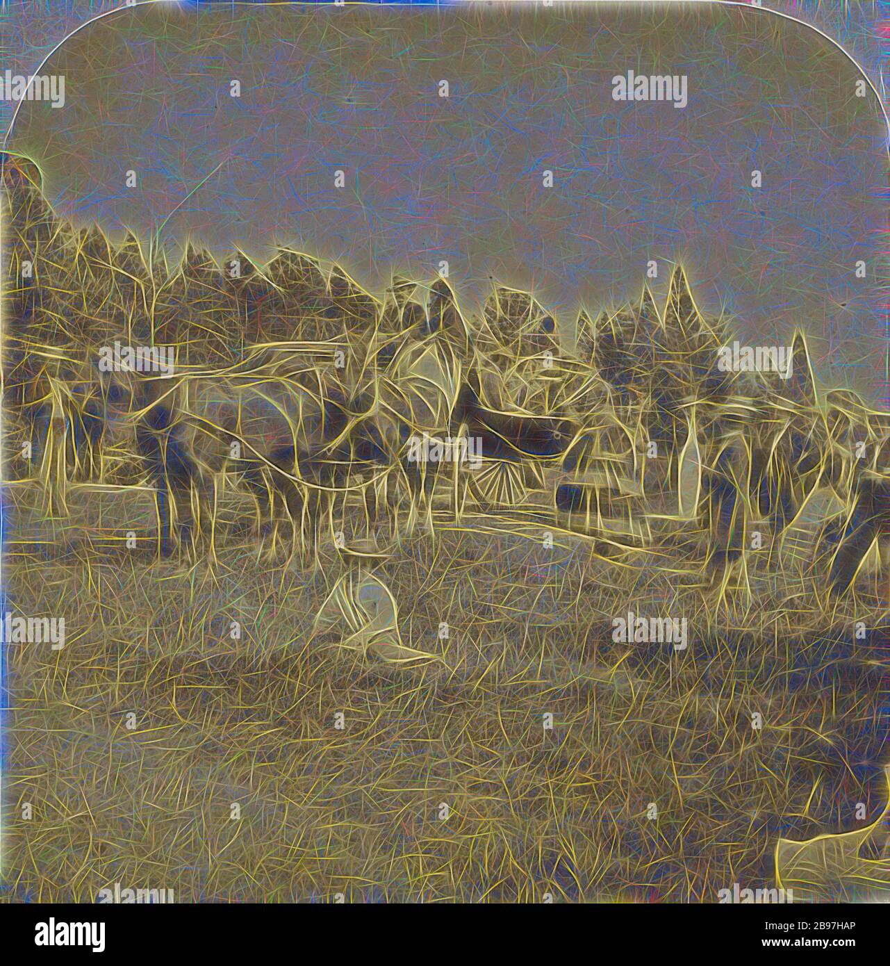 Gruppo di persone in una scena pastorale, una donna seduto a terra, altri in piedi, diverse coppie in carri trainati da cavalli, Deloss Barnum (americano, 1825 - 1873), circa 1860, stampa d'argento albume, reimmaginata da Gibon, disegno di calore allegro di luminosità e raggi di luce radianza. Arte classica reinventata con un tocco moderno. La fotografia ispirata al futurismo, che abbraccia l'energia dinamica della tecnologia moderna, del movimento, della velocità e rivoluziona la cultura. Foto Stock