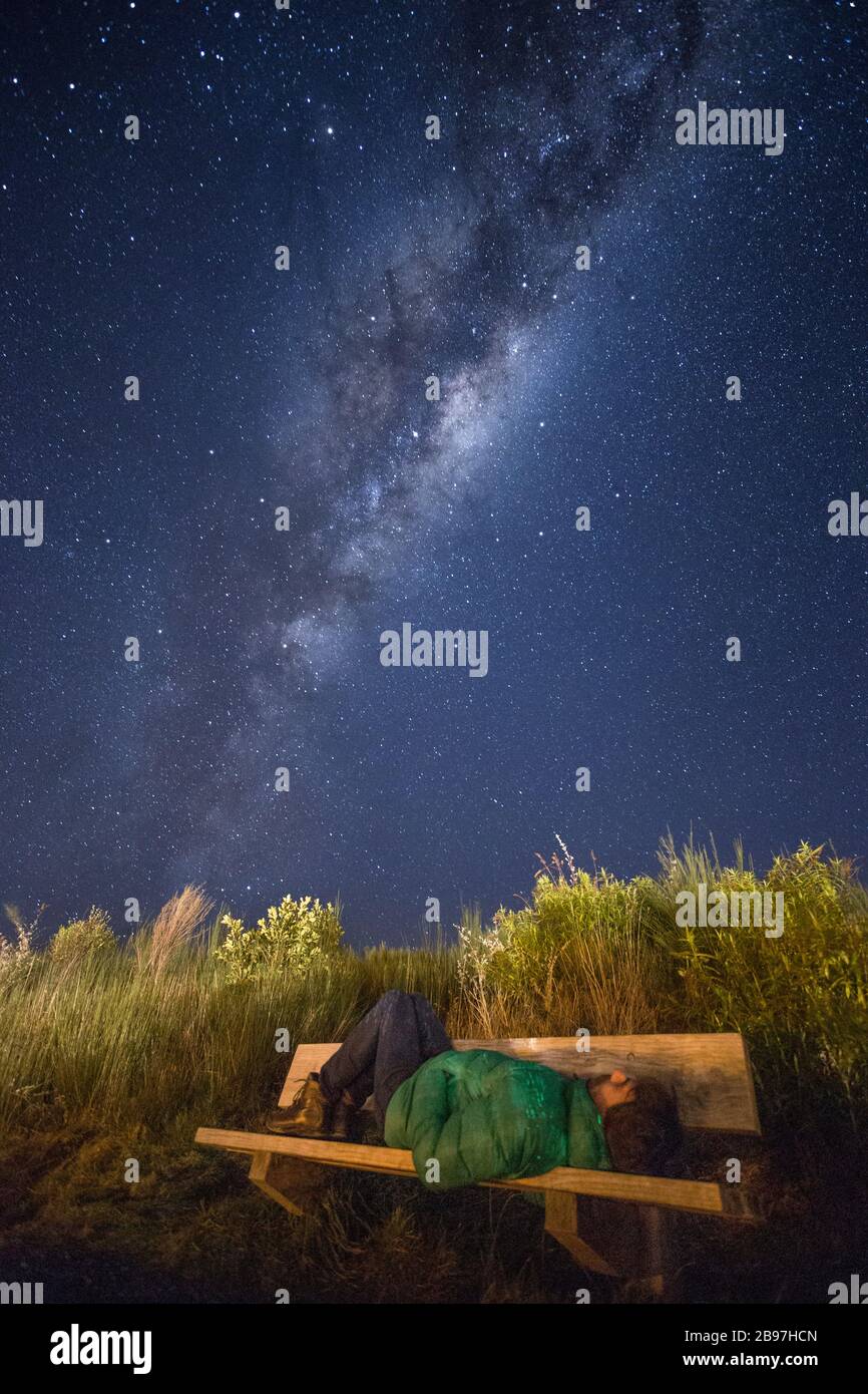 Uomo che guarda sotto la strada lattea a Turangi, Nuova Zelanda Foto Stock