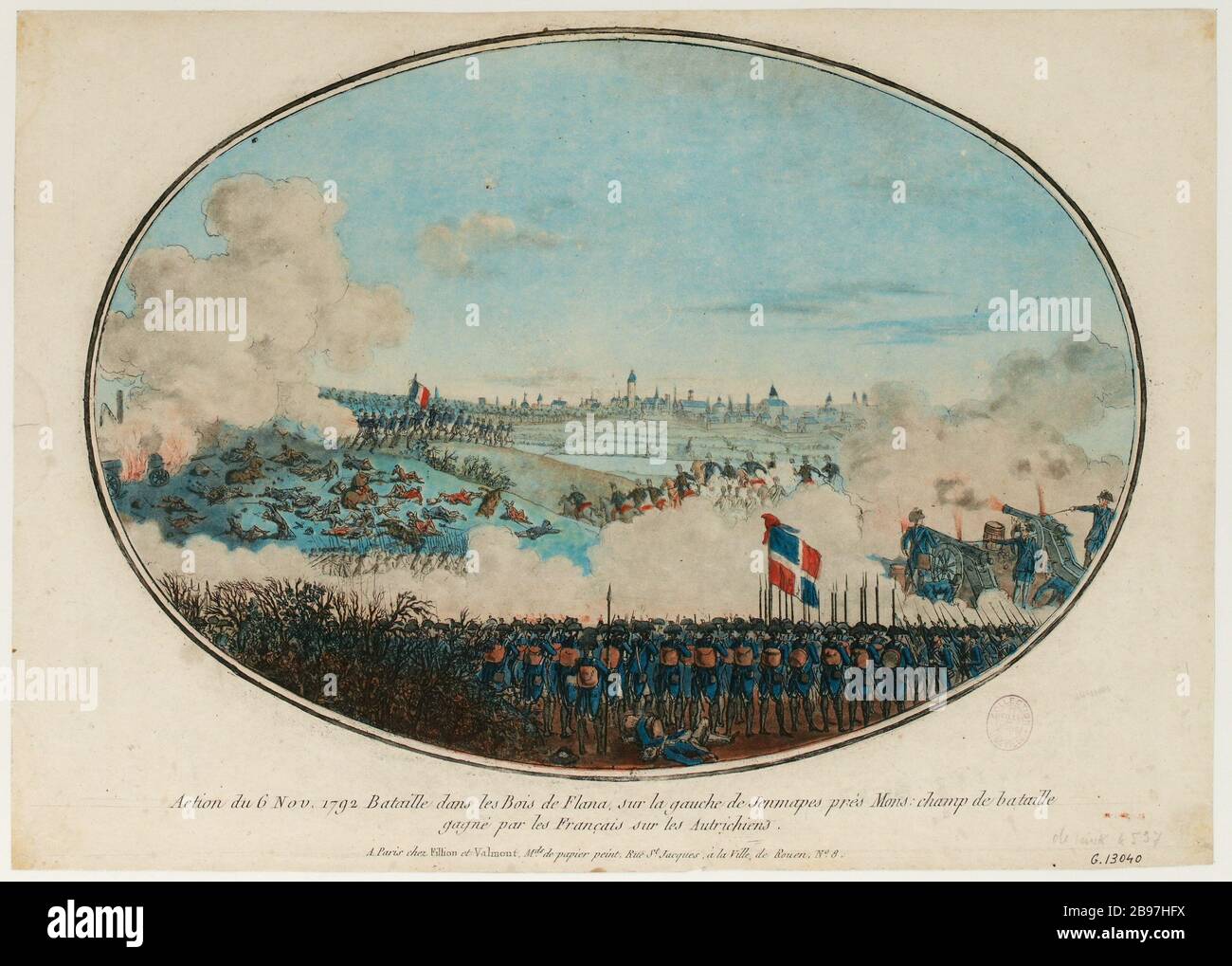 Vittoria fanteria e artiglieria francese sui ponticelli austriaci vicino a Jemmapes e Mons (Belgio), 6 novembre 1792. Rivoluzione francese. (Titolo fittizio) Foto Stock