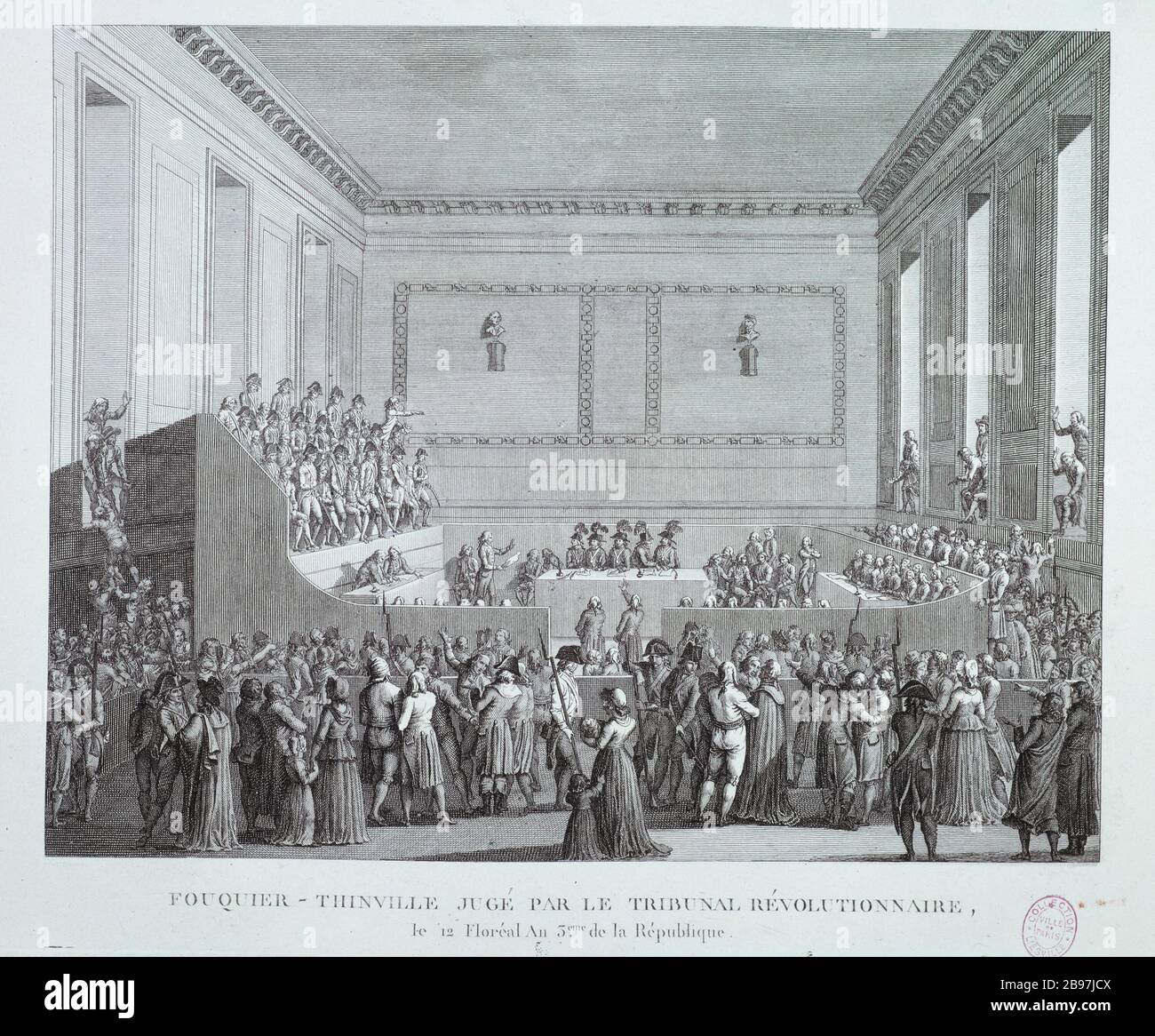 FOUQUIER-THINVILLE GIUDICE DEL RIVOLUZIONARIO TRIBUNAL 12 FLOREAL 3° ANNO DELLA REPUBBLICA PIERRE-GABRIEL BERTHAULT/GIRARDET. "Fouquier-Tinville jugé par le tribunal révolutionnaire le 12 floréal an 3ème de la République". Estampe. Parigi, musée Carnavalet. Foto Stock