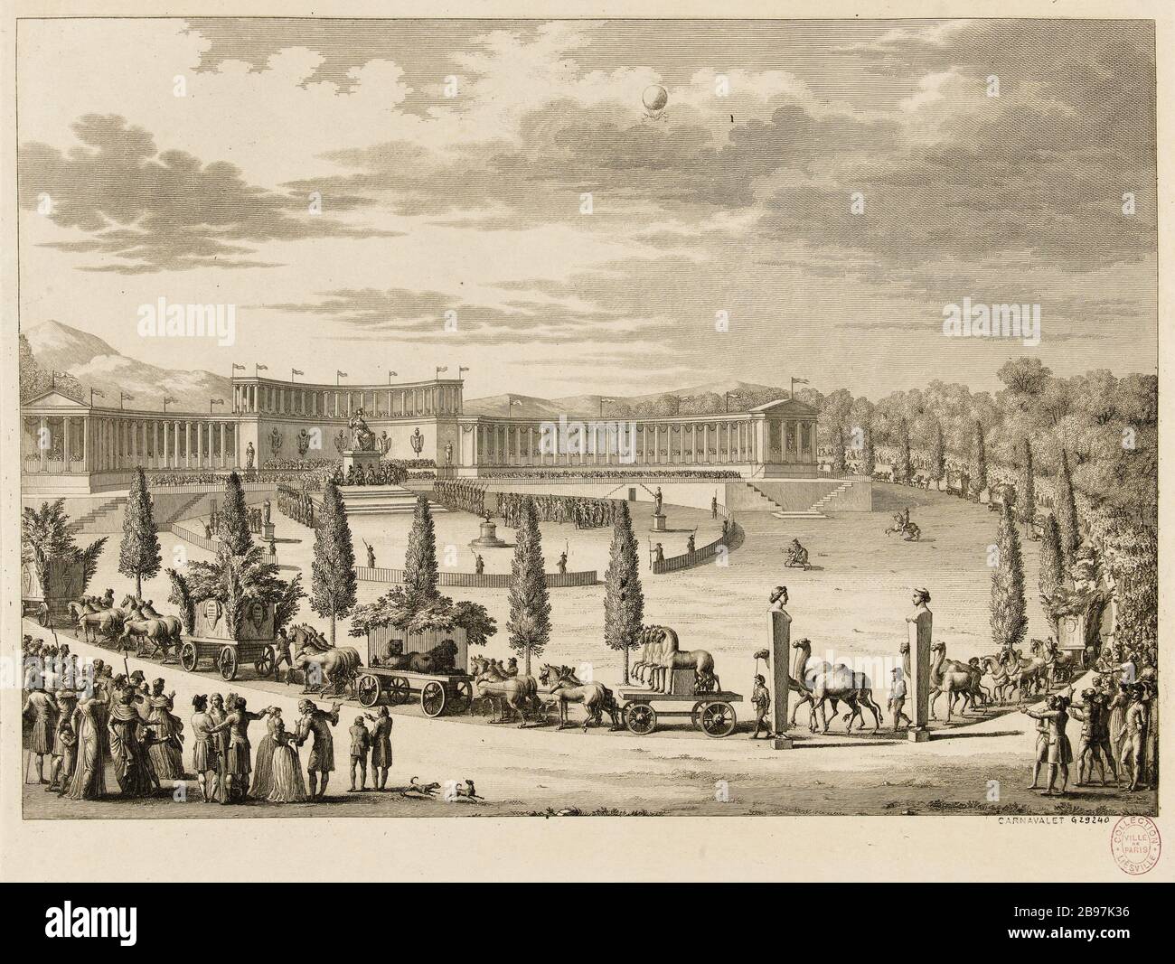 Consiglio di amministrazione. Processione della Giornata della libertà e monumenti delle Scienze e delle Arti della campagna italiana, a Parigi sui viali del Sud, 27 luglio 1798 (9 Thermidor anno VI), 134° pensione (nessun numero) di tabelle la storia della Rivoluzione Francese (1791-1817). Pierre-Gabriel Berthault (1737-1831). Direttorio. Fête de la Liberté et procession des monuments des Sciences et des Arts des campagnes d'Italie, à Paris sur les boulevards du Midi, 27 Juillet 1798 (9 thermidor an VI), 134ème planche (sans numéro) des Tableaux Historiques de la Révolution française (1791-1817). Eau-forte. Parigi, musée Carnava Foto Stock