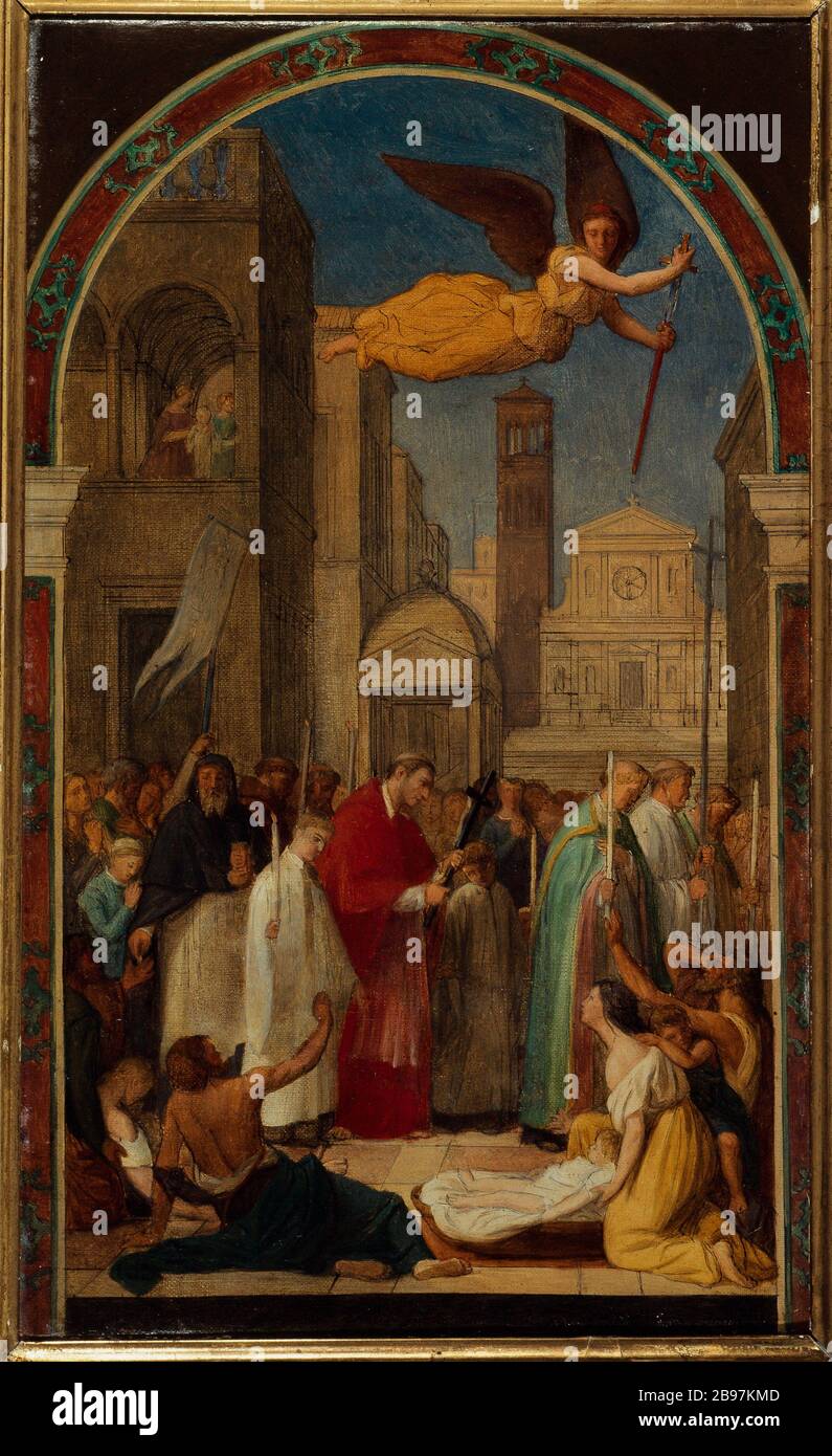 Processione di San Carlo Borromeo durante la peste di Milano. Schizzo per il murale della Chiesa di Saint-Sulpice, Place Saint Sulpice. Attuale 6 ° distretto. Pierre-Auguste Pichon (1805-1900). Processione di San Carlo Borromée pendente la peste de Milan. Esquisse pour la peinture murale de l'église Saint-Sulpice, Place Saint-Sulpice. Actuel 6ème circondario. Huile sur toile. 1861. Parigi, musée Carnavalet. Foto Stock