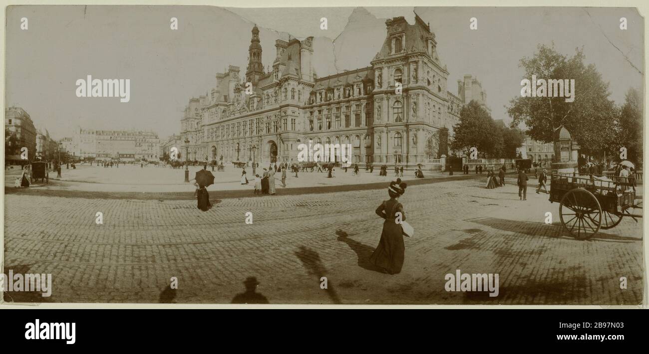 LUOGO DEL MUNICIPIO, PANORAMICO, A 1895-1900, 4 ° DISTRETTO, PARIGI Place de l'Hôtel de Ville, vue panoramiche, vers 1895-1900, Parigi (IVème arr.). 1895-1901. Anonima fotographie. Parigi, musée Carnavalet. Foto Stock