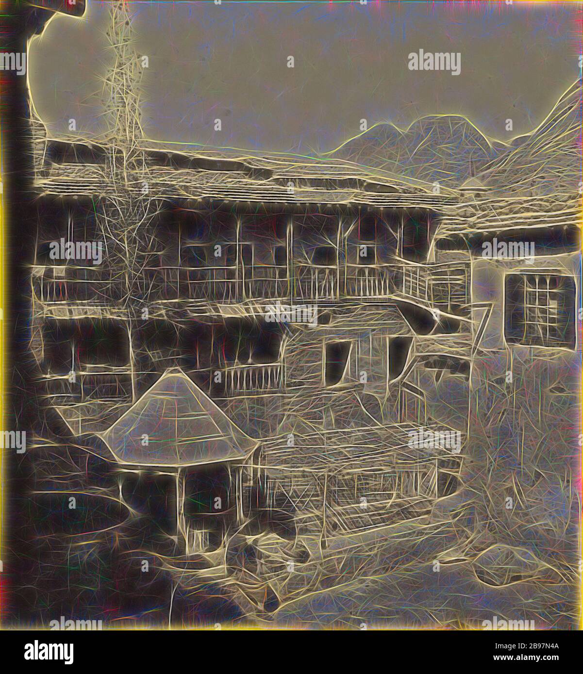 Sinai - Convento del Sinai. The Travellers' Quarters., Frank Mason Good (English, 1839 - 1928), 1869–1871, stampa in argento albume, reimmaginata da Gibon, design di calore allegro di luminosità e raggi di luce radianza. Arte classica reinventata con un tocco moderno. La fotografia ispirata al futurismo, che abbraccia l'energia dinamica della tecnologia moderna, del movimento, della velocità e rivoluziona la cultura. Foto Stock