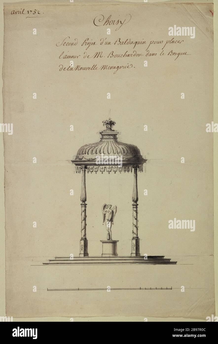 Seconda bozza di un poster per mettere l'amore del signor Bouchardon nel boschetto della nuova menagerie di Choisy Ange-Jacques Gabriel (1698-1782). Secondo projet d'un baldaquin pour placer l'amour de Monsieur Bouchardon dans le bosquet de la nouvelle ménagerie de Choisy. Plume et lavis d'encré, avril 1752. Parigi, musée Carnavalet. Foto Stock