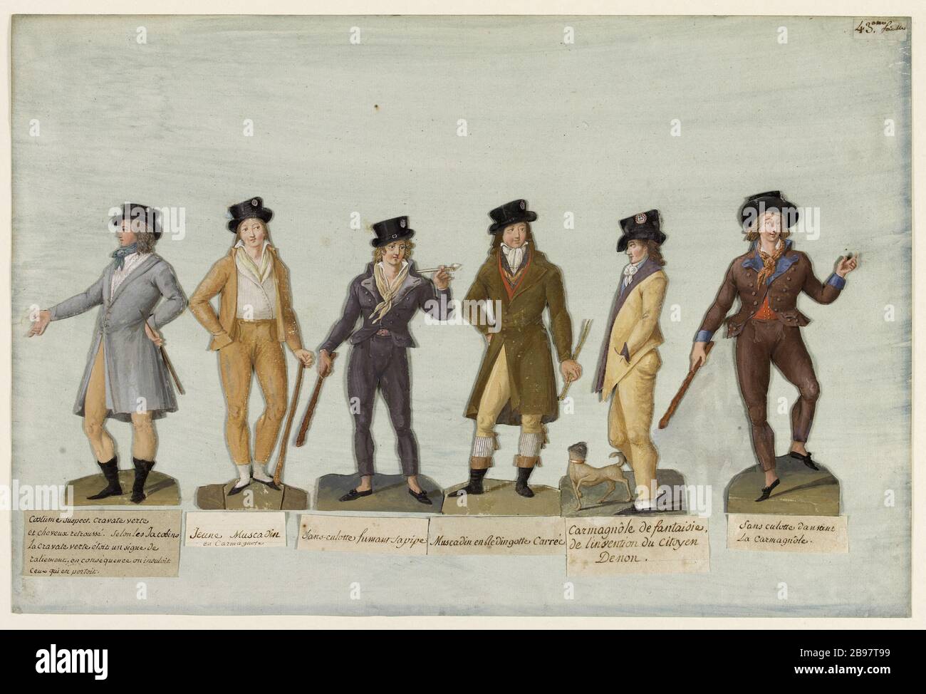 Sei abiti da uomo 'costume da susso', 'cravatta verde e capelli arrotolati', 'dandy giovane', 'sans-culotte fumare la sua pipa,' 'andy in frock Square', 'blusa fantasia', 'balli sansculotte il carmagnole Jean-Baptiste Lesueur (1749-1826). "sei costumi maschili: 'Costume sospetto', 'cravate verte et cheveux retrossés', 'jeune muscadin', 'sans-culotte fumant sa pipe', 'muscadin en redingote carrée', 'carmagnole de fantaisie', 'sans-culotte dansant la carmagnole'. Gouache découpée collée sur papier bleuté. Parigi, musée Carnavalet. Foto Stock