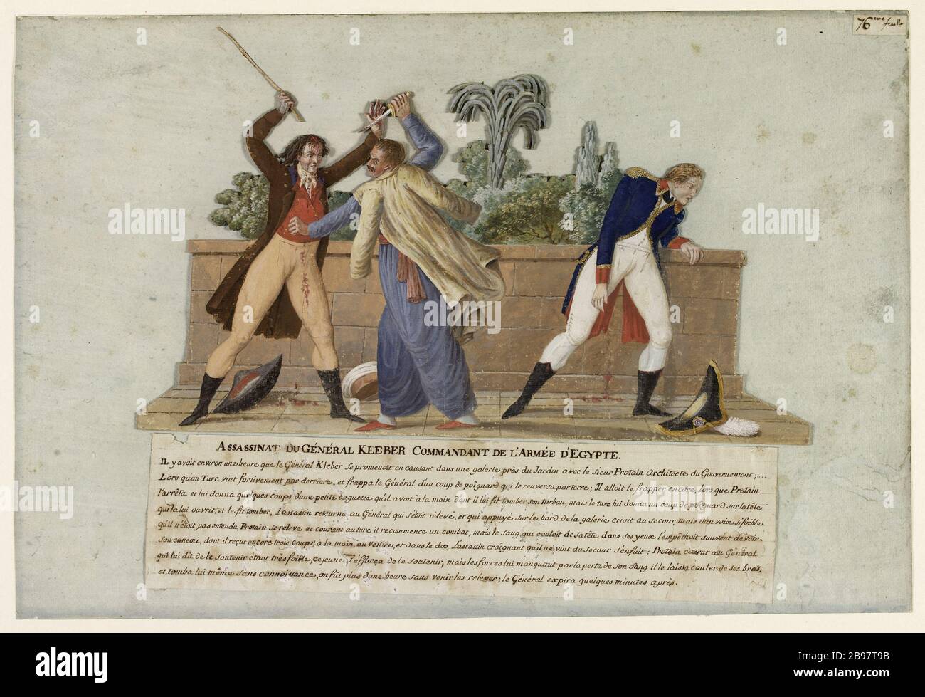 Assassinio del generale kléber (1753-1800) comandante dell'esercito d'Egitto, 14 giugno 1800 Jean-Baptiste Lesueur (1749-1826). "Assassinat du général kléber (1753-1800) comandante de l'armée d'Egypte, le 14 juin 1800". Gouache découpée collée sur papier bleuté, vers 1800. Parigi, musée Carnavalet. Foto Stock