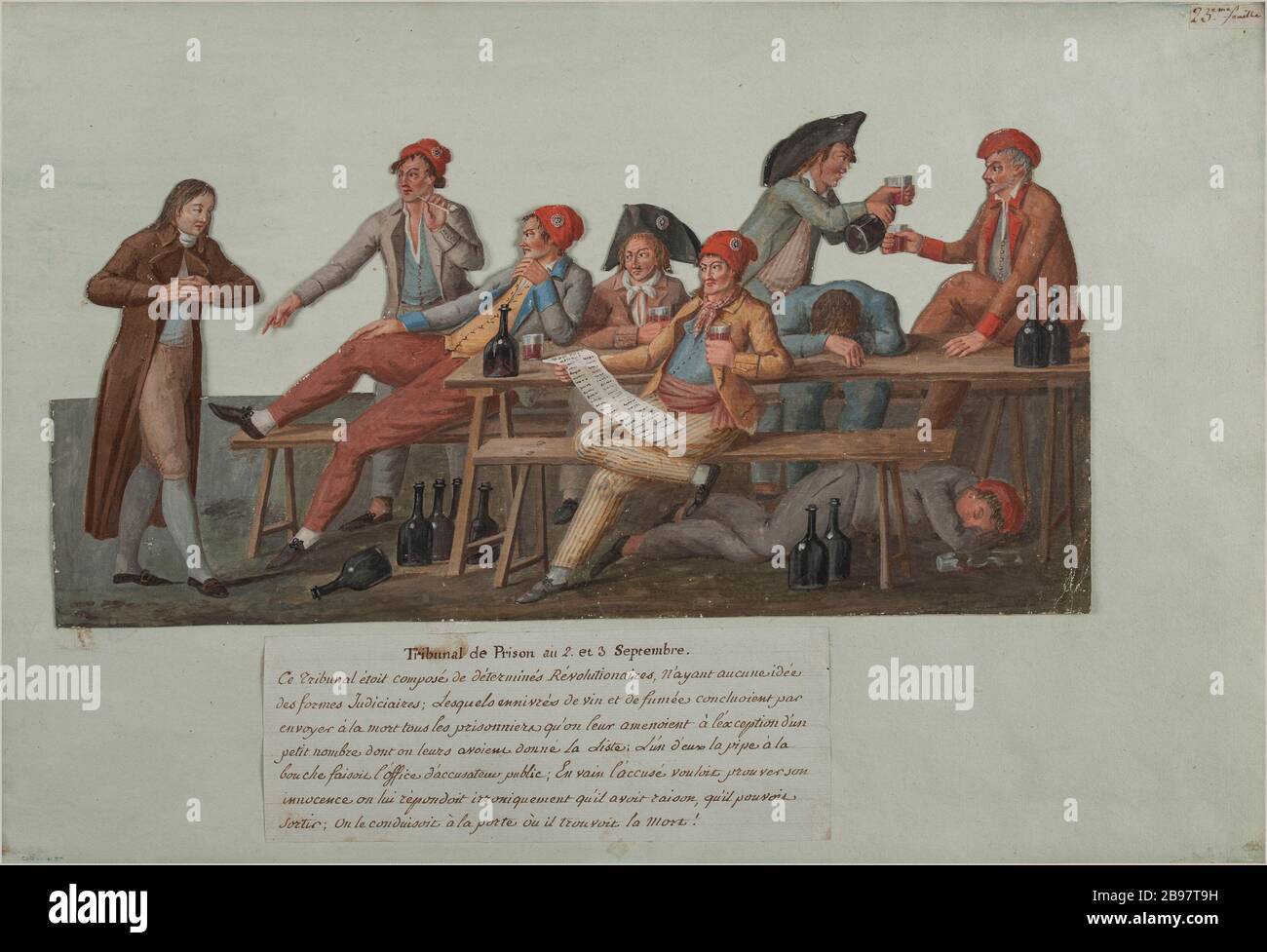 Corte di prigione ai massacri del settembre 1792 a Parigi Jean-Baptiste Lesueur (1749-1826). "Tribunal de carcerion lors des massacres de Septembre 1792, à Paris". Gouache sur cartone découpé collé sur une feuille de papier lavée de bleu. Parigi, musée Carnavalet. Foto Stock