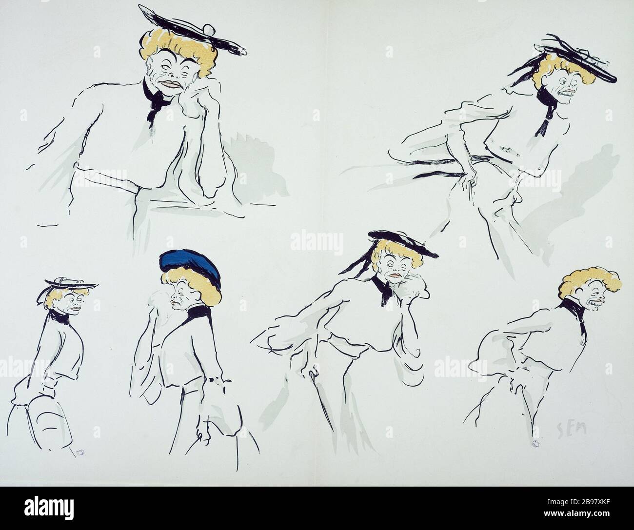 ALBUM VERDE HE SIX DRAWINGS GABRIELLE RÉJU CHIAMATO REJANE, ATTRICE SEM (1863-1934). 'Album vert : Six Dessins de Gabrielle Réju dite Réjane, comédienne'. Lithographie en couleur. Parigi, musée Carnavalet. Foto Stock