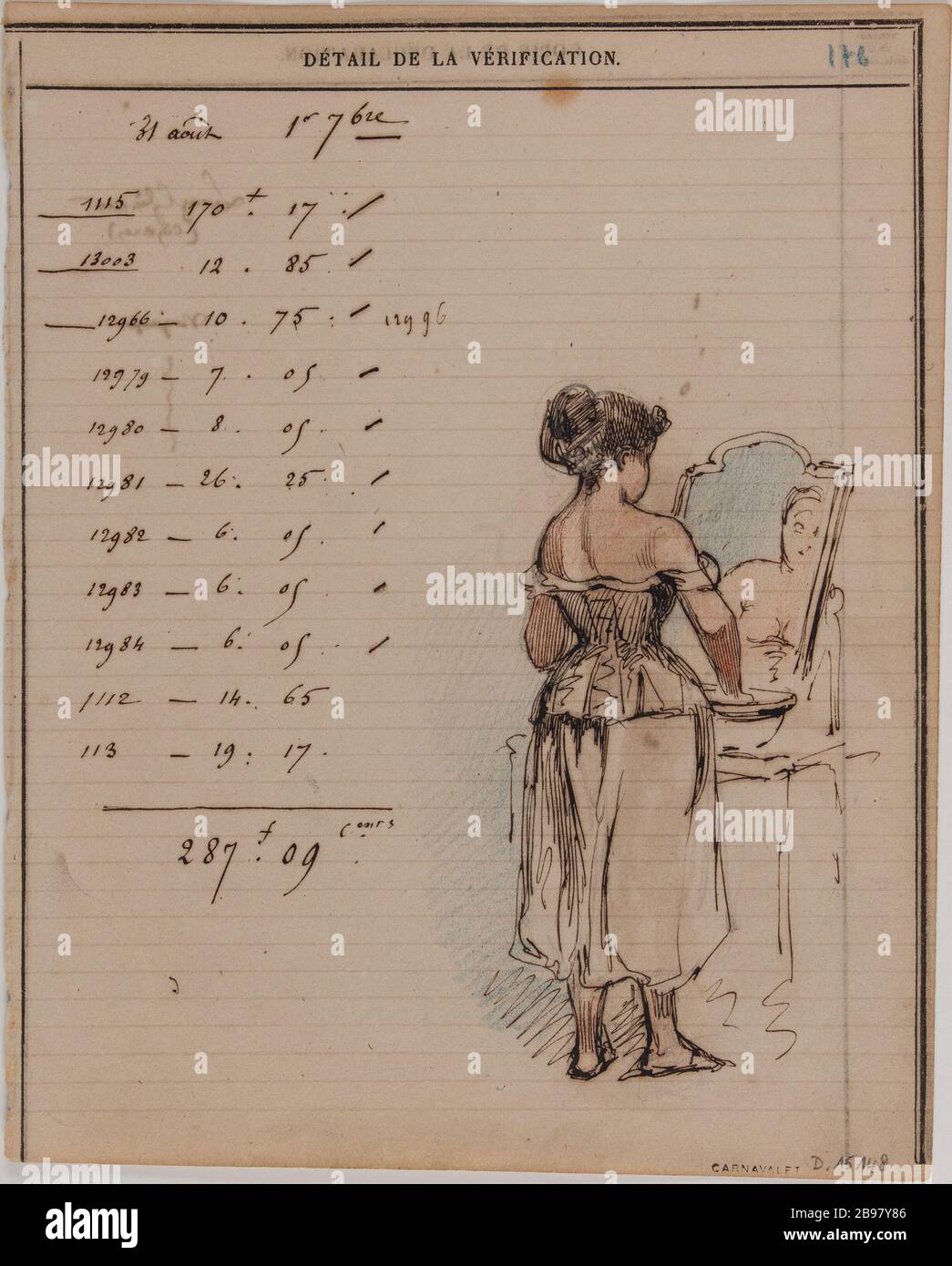 Donna che fa il suo gabinetto Paul Hadol (1835-75). 'Femme faisant sa toilette'. Encre noire à la plume, crayons de couleur bleu et rose sur papier imprimé. Parigi, musée Carnavalet. Foto Stock