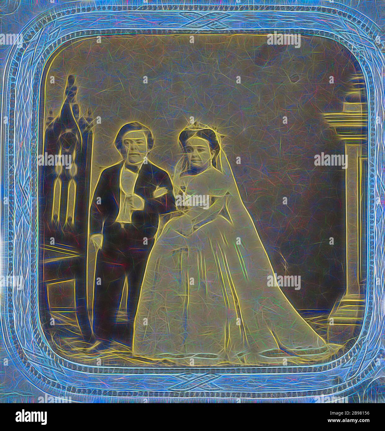 Ritratto di nozze del generale Tom Thumb e Lavinia Warren, Charles Dauvois (francese, attivo 1860), 1863, stampa in argento albume colorato a mano, Reimagined by Gibon, disegno di calda allegra luce incandescente di luminosità e di radianza dei raggi di luce. Arte classica reinventata con un tocco moderno. La fotografia ispirata al futurismo, abbracciando l'energia dinamica della tecnologia moderna, del movimento, della velocità e rivoluzionando la cultura. Foto Stock