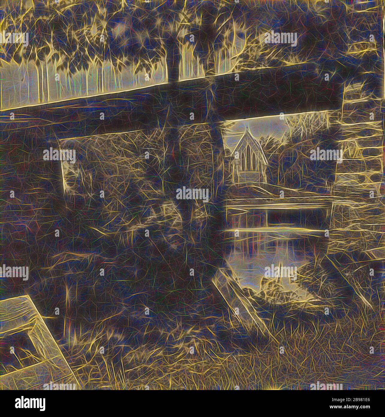 Milford. View Under Rail Road Bridge., Whitney, Beckwith & Paradise (americano, 1865 - 1871), circa 1862, stampa in argento albume, Reimagined by Gibon, design di calda e allegra luce incandescente di luminosità e raggi di luminosità radianza. Arte classica reinventata con un tocco moderno. La fotografia ispirata al futurismo, abbracciando l'energia dinamica della tecnologia moderna, del movimento, della velocità e rivoluzionando la cultura. Foto Stock