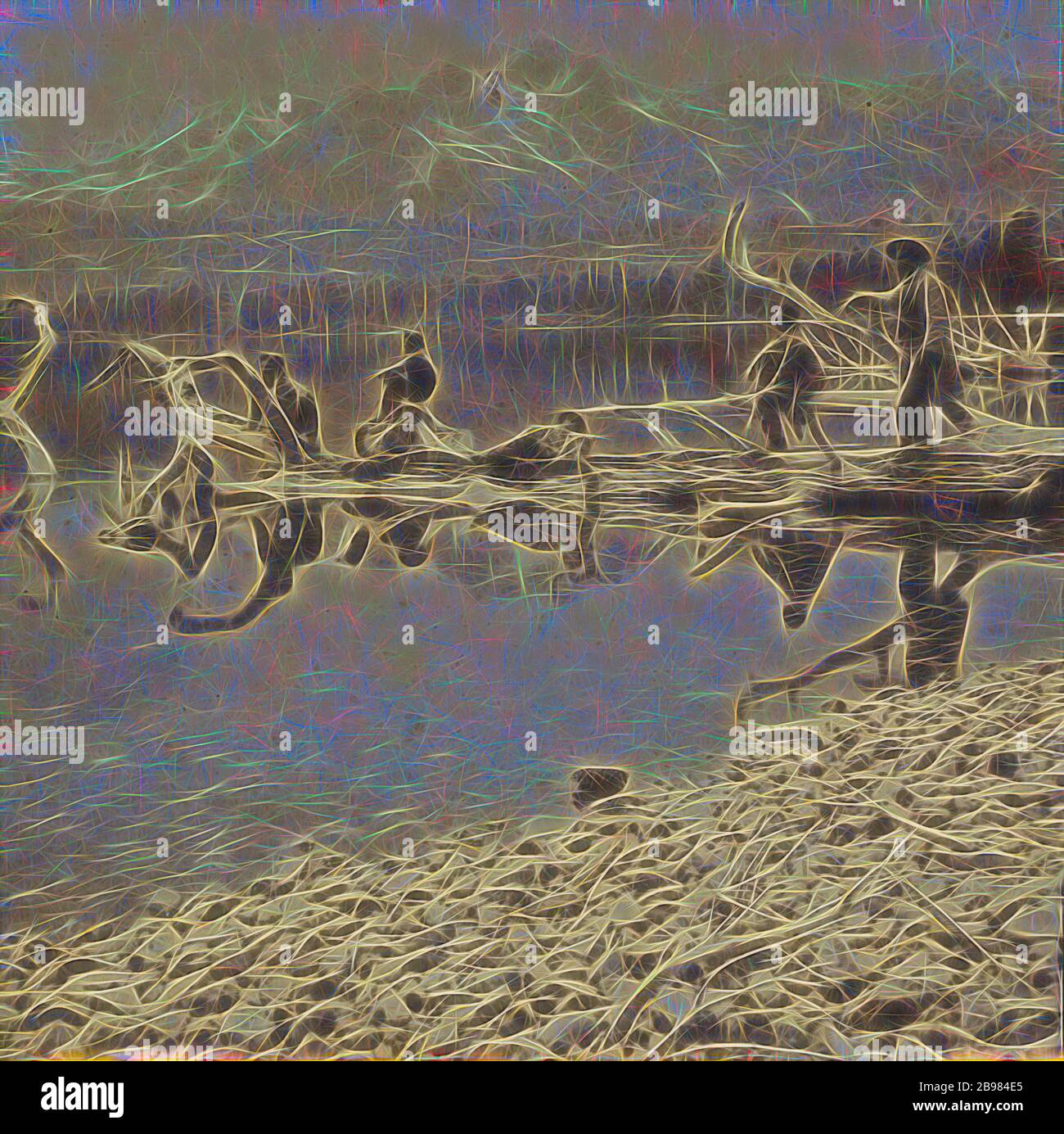 Fallen Leaf Lake e Tahlac Mountain, Valley of Lake Tahoe., Lawrence & Houseworth, 1866, stampa in argento albume, reimagined by Gibon, design di calda allegra luce incandescente di luminosità e raggi di luce radianza. Arte classica reinventata con un tocco moderno. La fotografia ispirata al futurismo, abbracciando l'energia dinamica della tecnologia moderna, del movimento, della velocità e rivoluzionando la cultura. Foto Stock