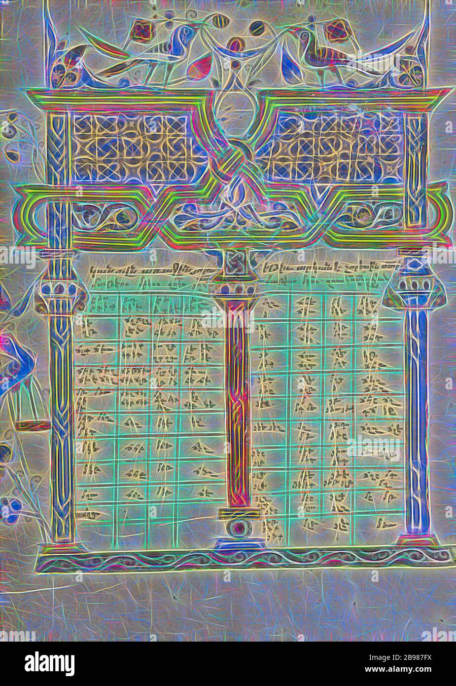 Pagina del tavolo del Canon, Mesrop di Khizan (armeno, attivo 1605 - 1651), Isfahan, Persia, 1615, colori di Tempera, vernice d'oro e foglia d'oro su carta vetrata, foglia: 23 × 17.1 cm (9 1/16 × 6 3/4 in.), Reimagined by Gibon, disegno di calda e allegra luminosità e di raggi di luce radianti. Arte classica reinventata con un tocco moderno. La fotografia ispirata al futurismo, abbracciando l'energia dinamica della tecnologia moderna, del movimento, della velocità e rivoluzionando la cultura. Foto Stock