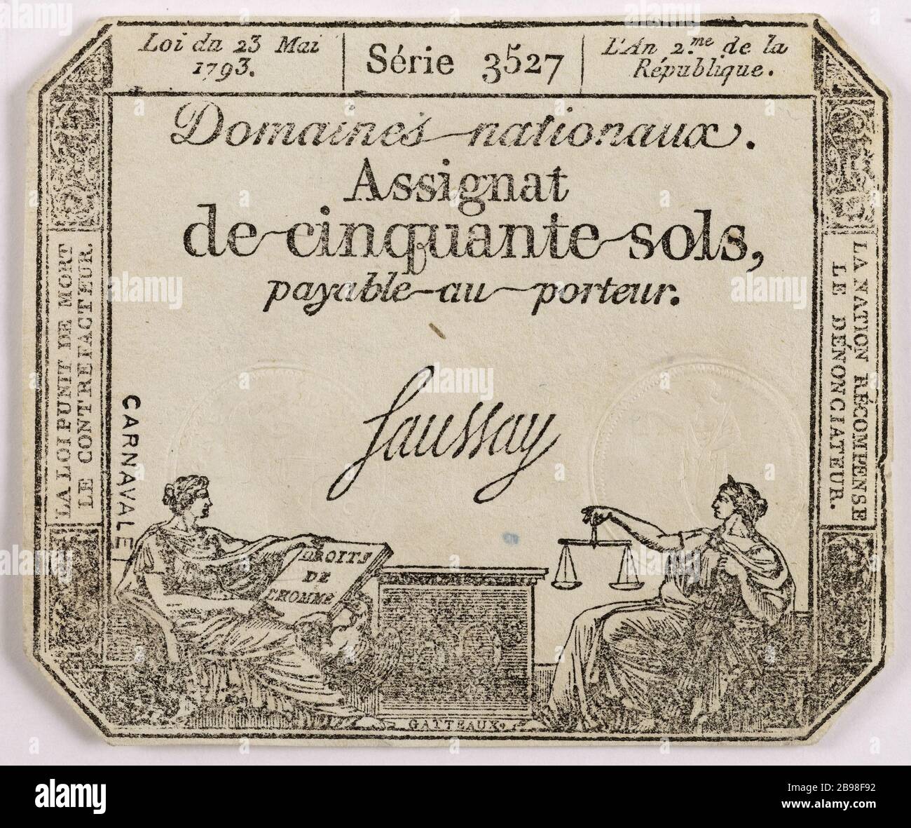 Assegnato solo 50 serie 3527me 23 maggio 1793. Nicolas Marie Gatteaux (1751-1832). Assignat de 50 sols, série 3527me, 23 mai 1793. Typographie, encré. Parigi, musée Carnavalet. Foto Stock