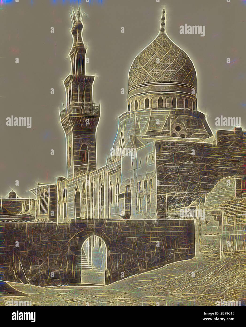 La Moschea dell'Emeer Akhoor, Francis Frith (inglese, 1822 - 1898), Londra, Inghilterra, 1858, stampa in argento albume, 48 x 38.7 cm (18 7/8 x 15 1/4 pollici), reimmaginato da Gibon, design di calda e allegra luce incandescente di luminosità e di radianza dei raggi. Arte classica reinventata con un tocco moderno. La fotografia ispirata al futurismo, abbracciando l'energia dinamica della tecnologia moderna, del movimento, della velocità e rivoluzionando la cultura. Foto Stock