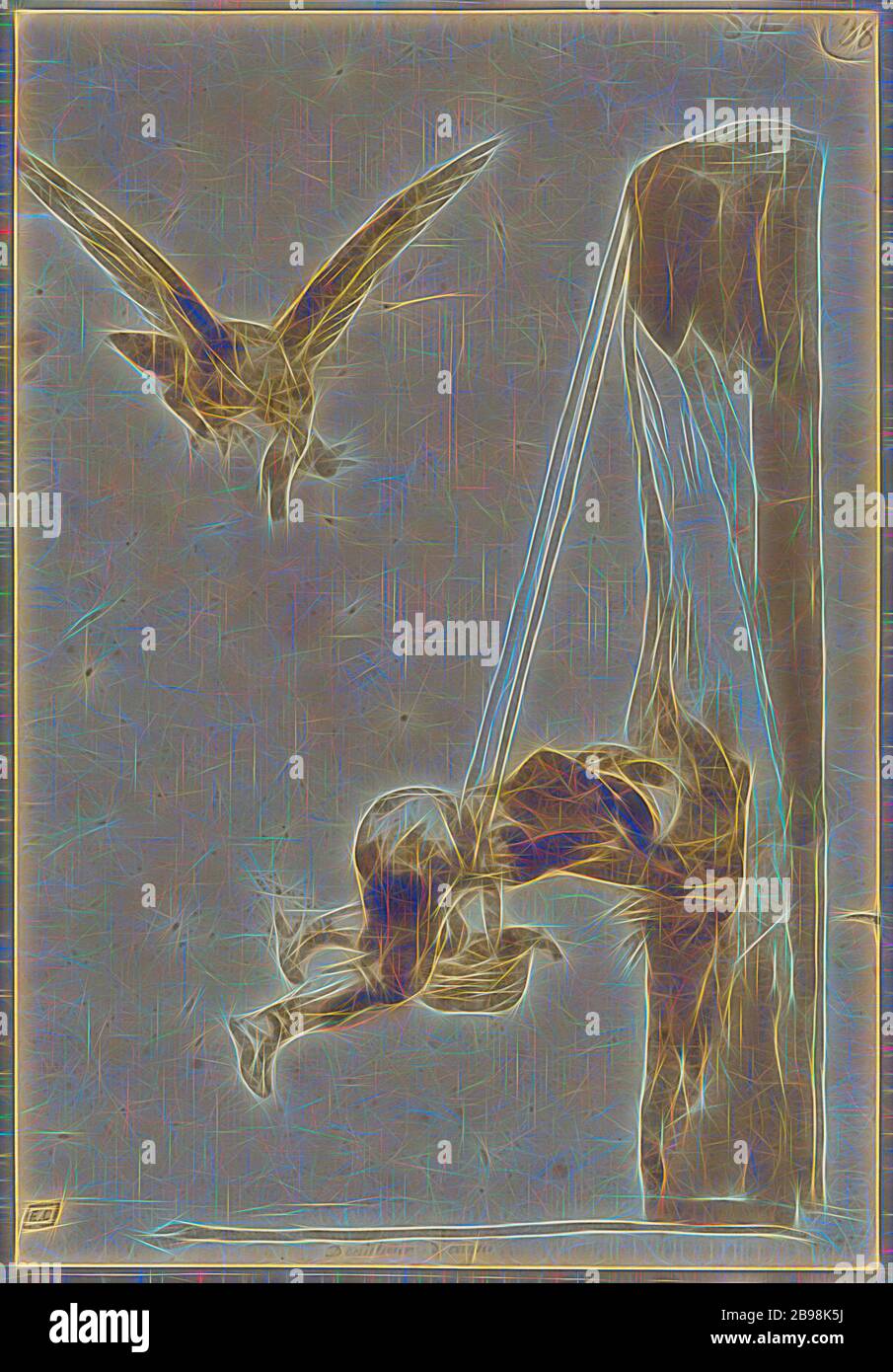 Il Cacciatore dell'aquila, Francisco José de Goya y Lucientes (Francisco de Goya) (spagnolo, 1746 - 1828), Spagna, circa 1812–1820, pennello e inchiostro marrone con lavaggio marrone, 20 × 14 cm (7 7/8 × 5 1/2 in.), Reimagined by Gibon, disegno di caldo allegro incandescente di luminosità e di luce raggi radianti. Arte classica reinventata con un tocco moderno. La fotografia ispirata al futurismo, abbracciando l'energia dinamica della tecnologia moderna, del movimento, della velocità e rivoluzionando la cultura. Foto Stock