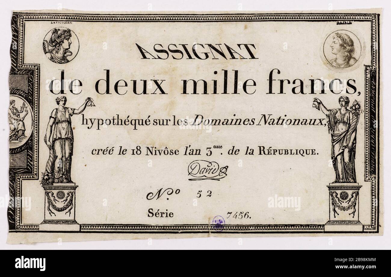 Assignat 2,000 franchi serie 7456 - 52, 18 Nivose anno 3. Nicolas Marie Gatteaux (1751-1832), Augustin ou Auguste Dupré (1748-33). Assignat de 2000 franchi, série 7456 - n° 52, 18 Nivôse an 3. Typographie, encré. Parigi, musée Carnavalet. Foto Stock